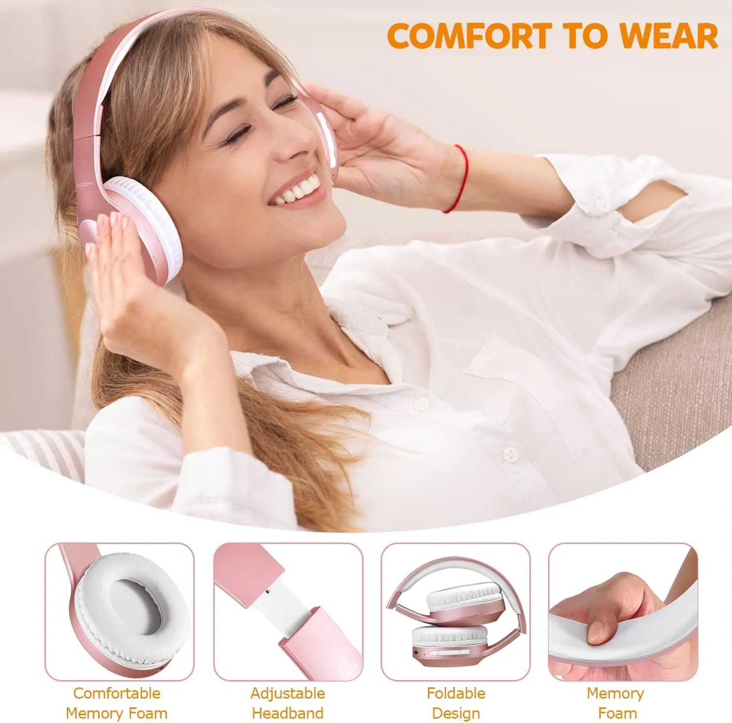 Bluetooth Headphones Over Ear, 68H Playtime and 3 EQ Music Modes Wireless Headphones with Microphone/Deep Bass, HiFi Stereo Foldable Lightweight Headset for PC Home Travel Office (Rose Gold)
