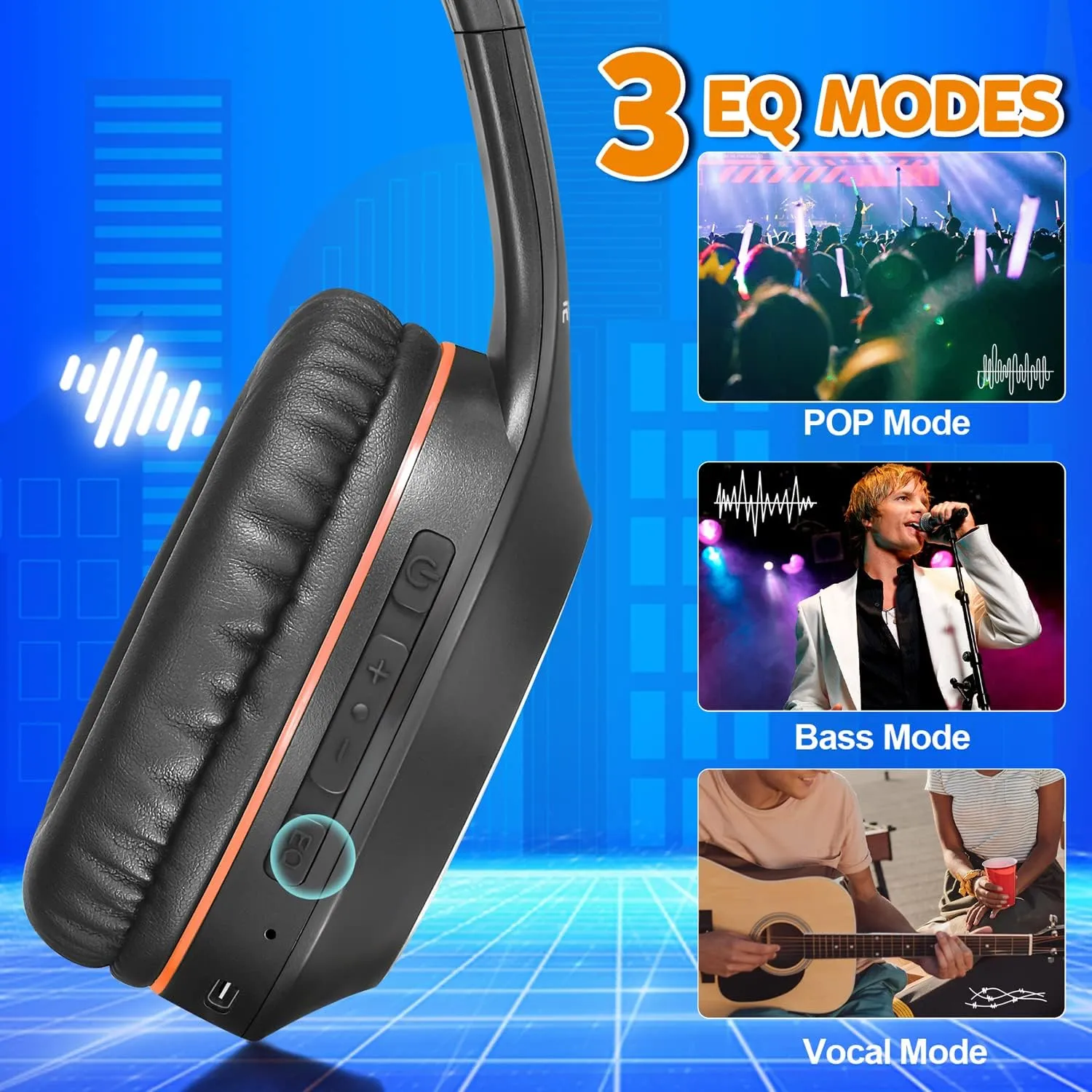 Bluetooth Headphones Over Ear, 68H Playtime and 3 EQ Music Modes Wireless Headphones with Microphone/Deep Bass, HiFi Stereo Foldable Lightweight Headset for PC Home Travel Office