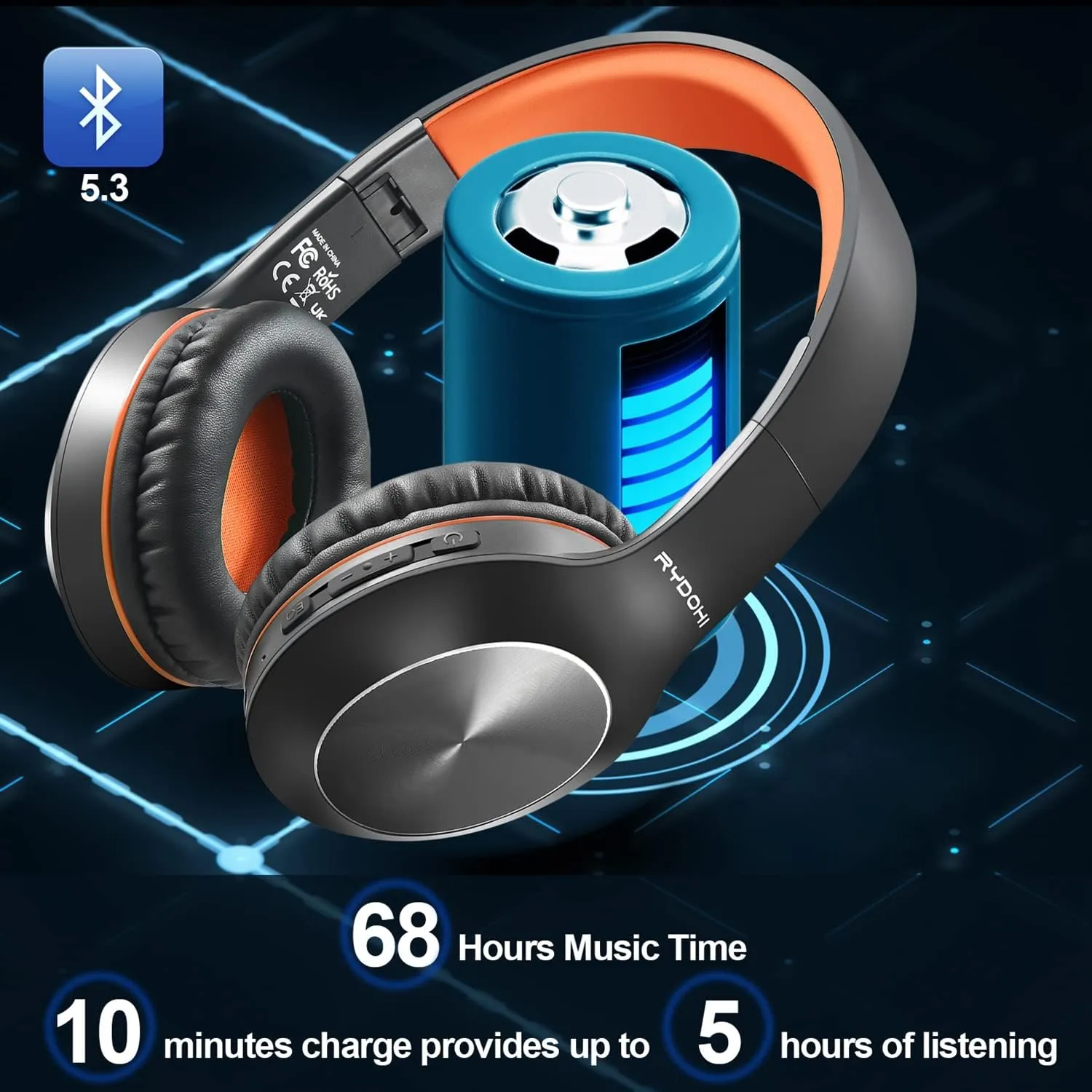 Bluetooth Headphones Over Ear, 68H Playtime and 3 EQ Music Modes Wireless Headphones with Microphone/Deep Bass, HiFi Stereo Foldable Lightweight Headset for PC Home Travel Office
