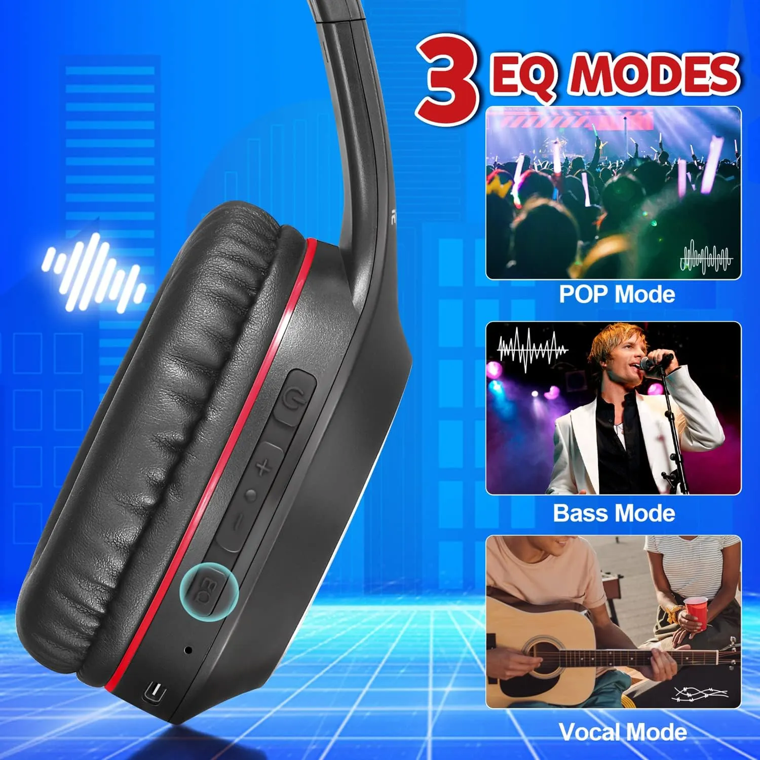 Bluetooth Headphones Over Ear,68H Playtime and 3 EQ Music Modes Wireless Headphones with Microphone/Deep Bass, HiFi Stereo Foldable Lightweight Headset for PC Home Travel Office (Black Red)