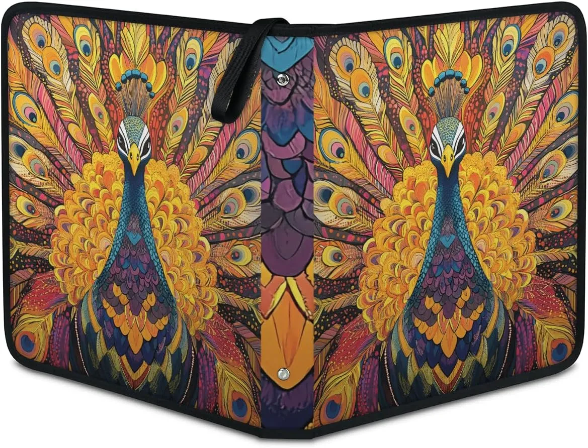 Boho Peacock Trading Card Binder 4 Pocket 400 Cards Holder Collector Album with 50 Removable Sleeves Toys Gifts for Boys Girls Colorful Bird Feather Game Sports Cards