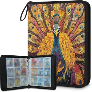 Boho Peacock Trading Card Binder 4 Pocket 400 Cards Holder Collector Album with 50 Removable Sleeves Toys Gifts for Boys Girls Colorful Bird Feather Game Sports Cards