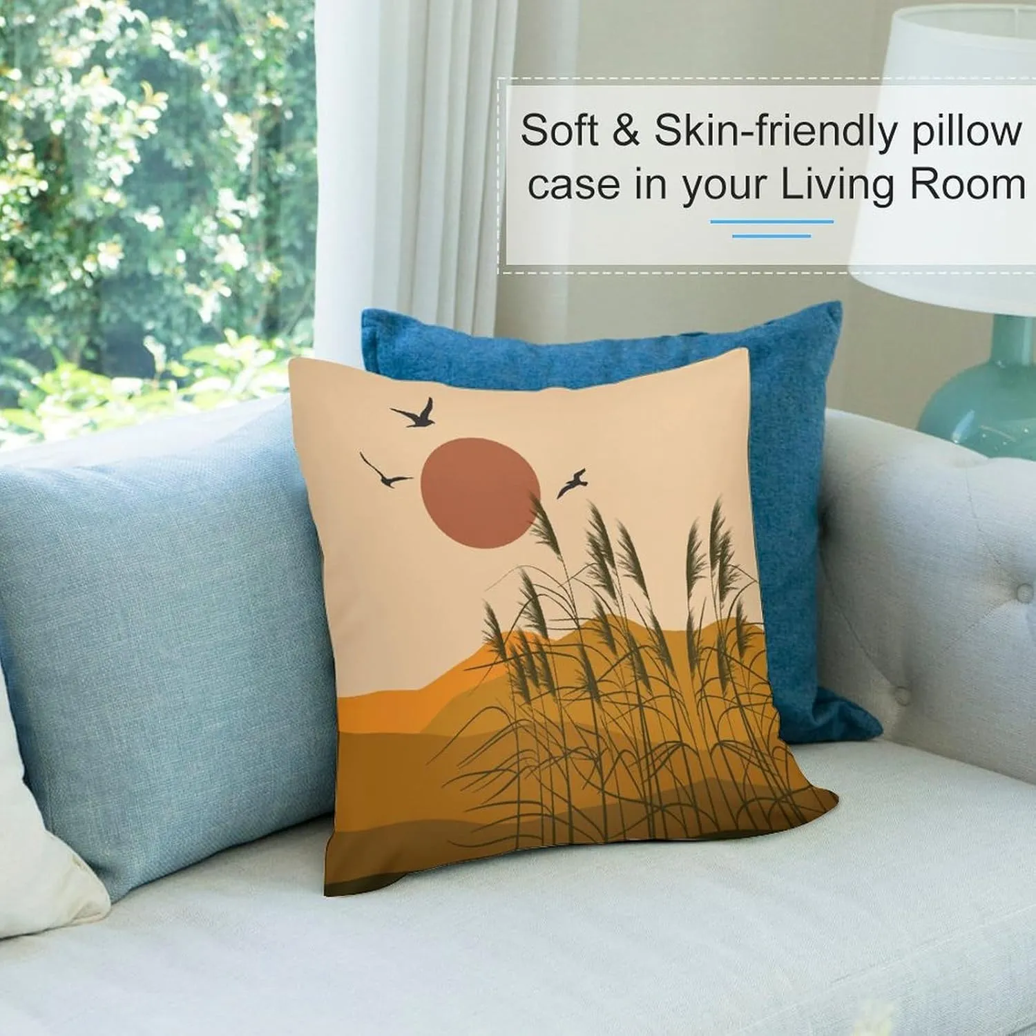 Boho Pillow Covers Set of 2,Mid Century Modern Aesthetic Mountains Sunset Nature Throw Pillow Covers 16x16 Inches Cotton Square Pillow Protectors for Couch Bed Living Room Outdoor Decor 16 "x16