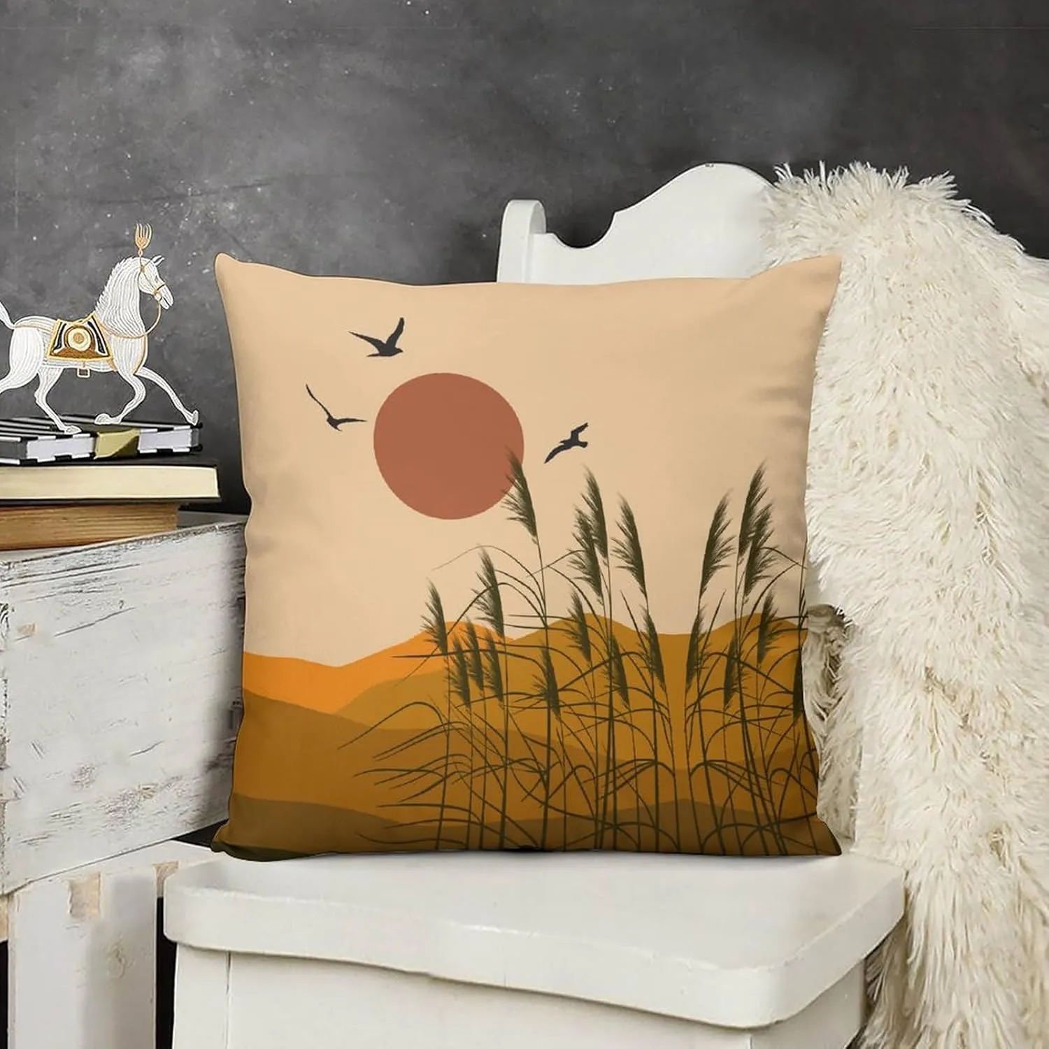 Boho Pillow Covers Set of 2,Mid Century Modern Aesthetic Mountains Sunset Nature Throw Pillow Covers 16x16 Inches Cotton Square Pillow Protectors for Couch Bed Living Room Outdoor Decor 16 "x16