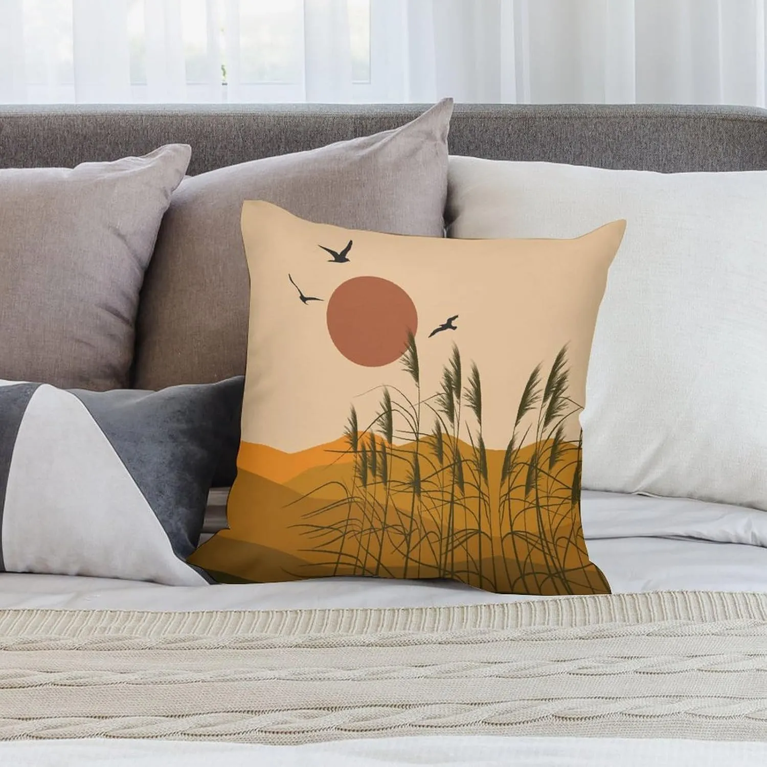 Boho Pillow Covers Set of 2,Mid Century Modern Aesthetic Mountains Sunset Nature Throw Pillow Covers 16x16 Inches Cotton Square Pillow Protectors for Couch Bed Living Room Outdoor Decor 16 "x16