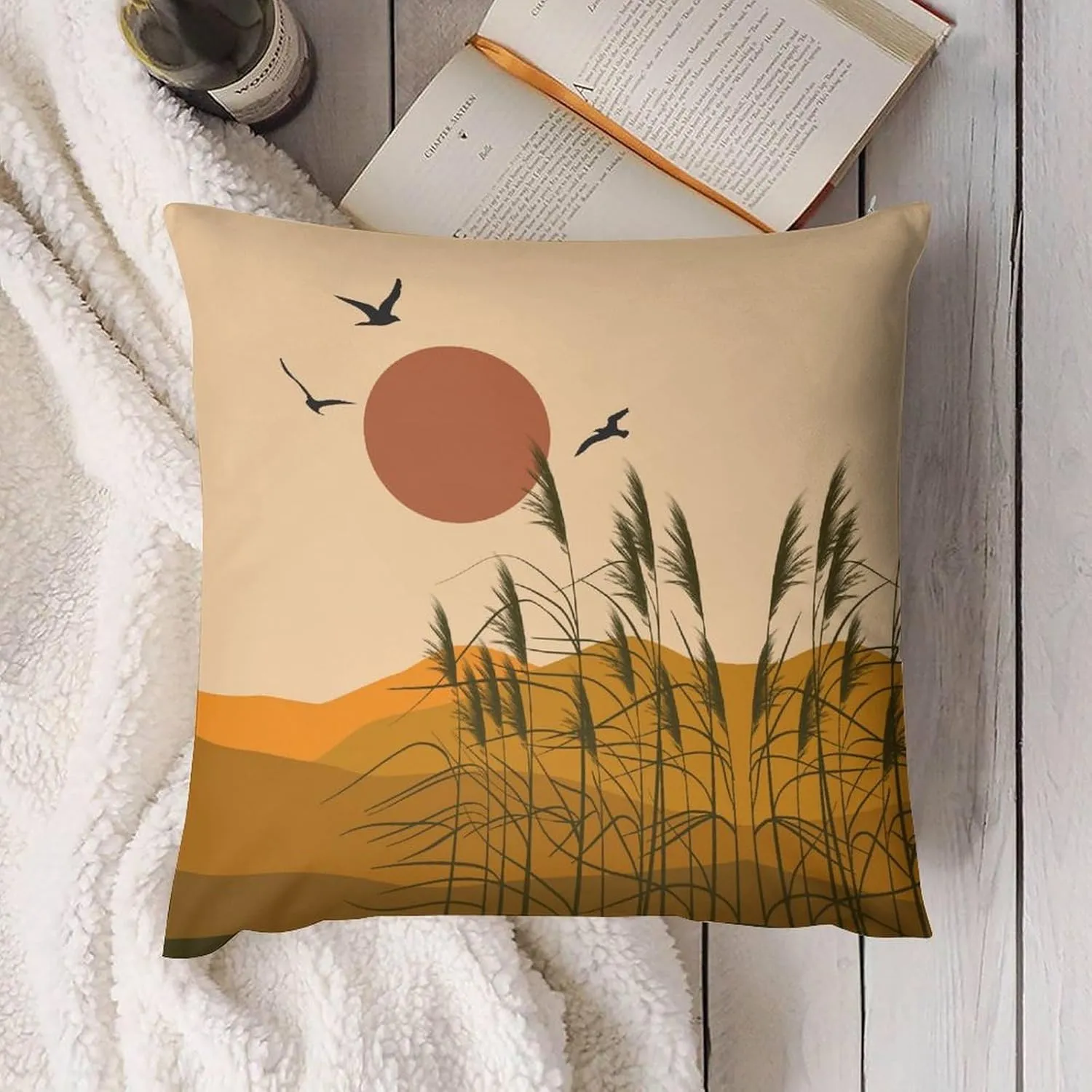 Boho Pillow Covers Set of 2,Mid Century Modern Aesthetic Mountains Sunset Nature Throw Pillow Covers 16x16 Inches Cotton Square Pillow Protectors for Couch Bed Living Room Outdoor Decor 16 "x16