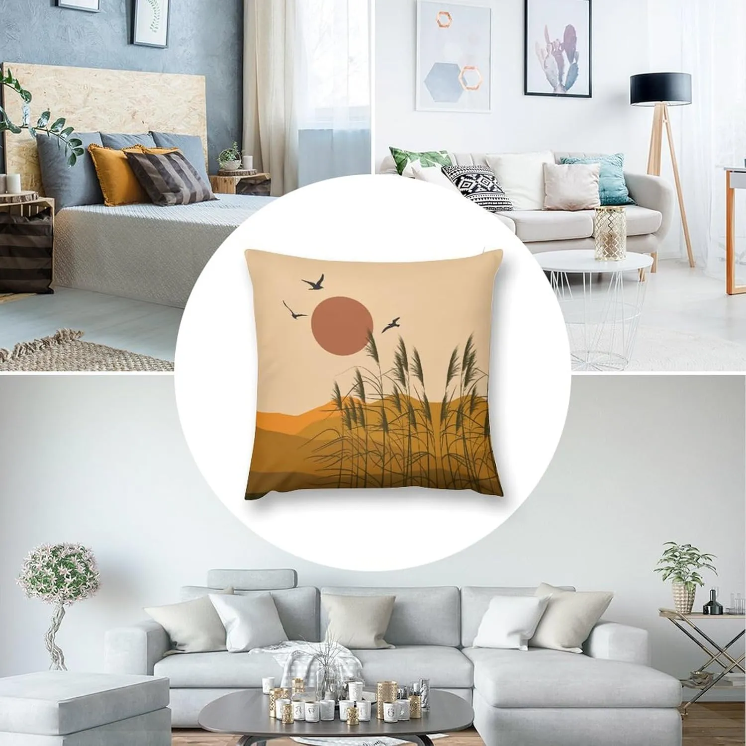 Boho Pillow Covers Set of 2,Mid Century Modern Aesthetic Mountains Sunset Nature Throw Pillow Covers 16x16 Inches Cotton Square Pillow Protectors for Couch Bed Living Room Outdoor Decor 16 "x16