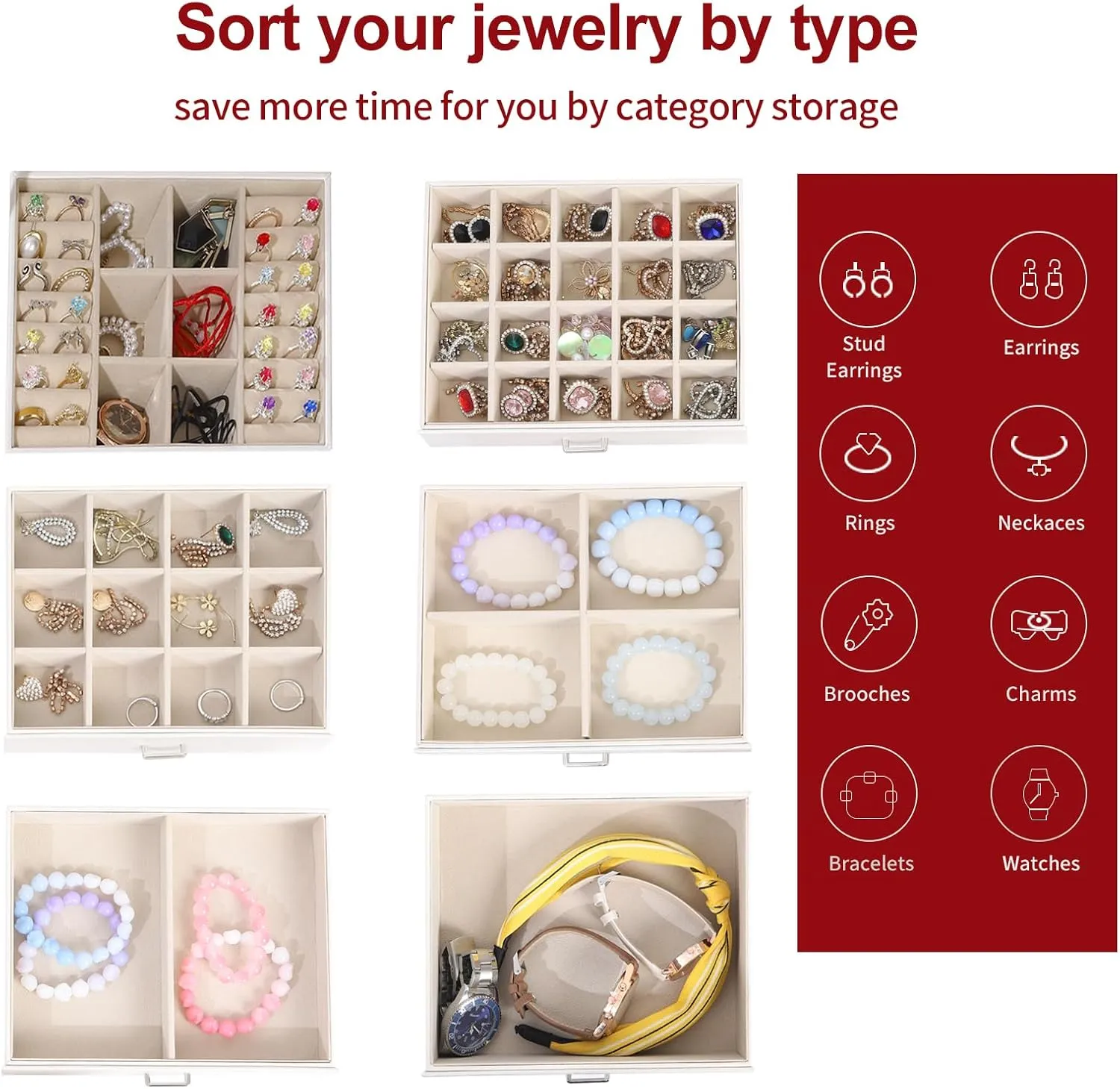 BOOVO Jewelry Box For women, 6 Layer Large Jewelry Organizer With Mirror, Multi-Function Storage Box With Lock, Accessory Holder With 5 Drawers, For Earrings Necklace Ring Bracelet (White)