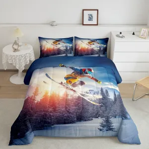 Boys Skiing Comforter Set Twin Size,Skating Extreme Sport Duvet Insert for Kids Child,Snow Field Ski Skate Bedding Set for Teens Girls,Cool Hobby Activity Quilted Duvet,Soft Warm Bedroom Decor