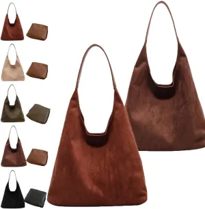 Brown Suede Handbag, Chocolate Slouchy Tote Shoulder Handbags (2PCS-B)
