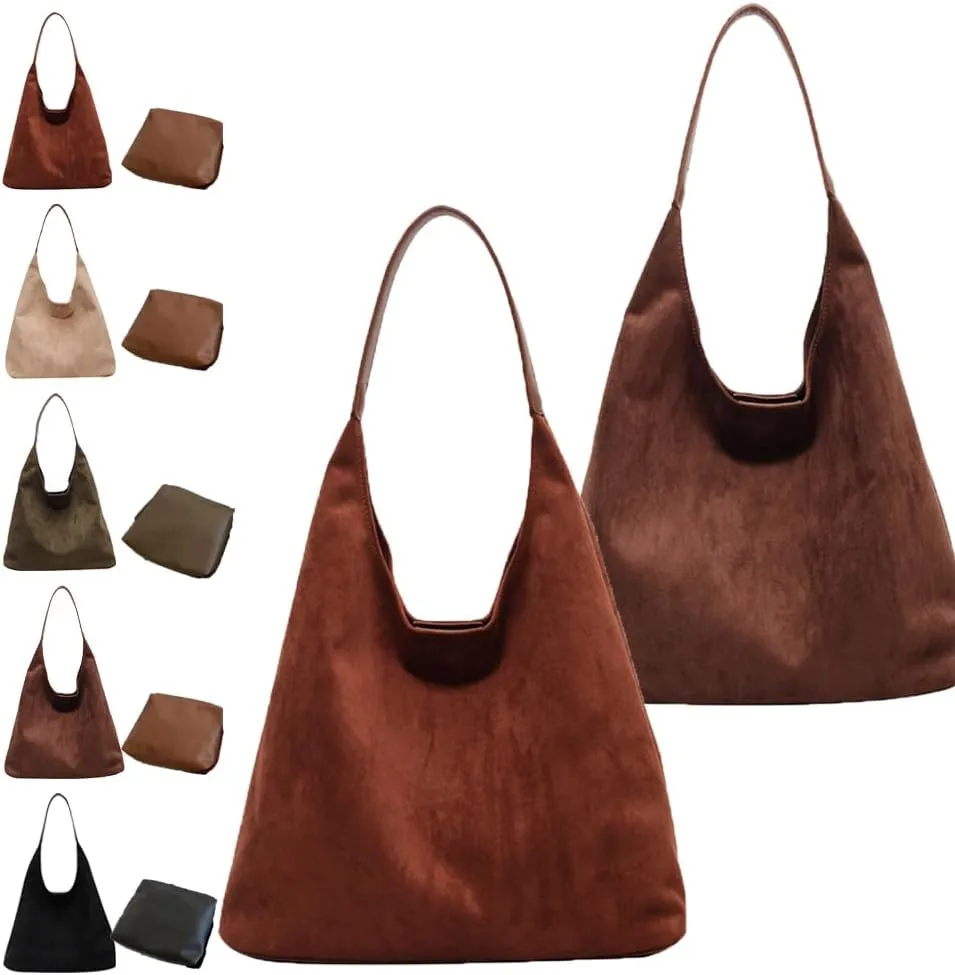 Brown Suede Handbag, Chocolate Slouchy Tote Shoulder Handbags (2PCS-B)