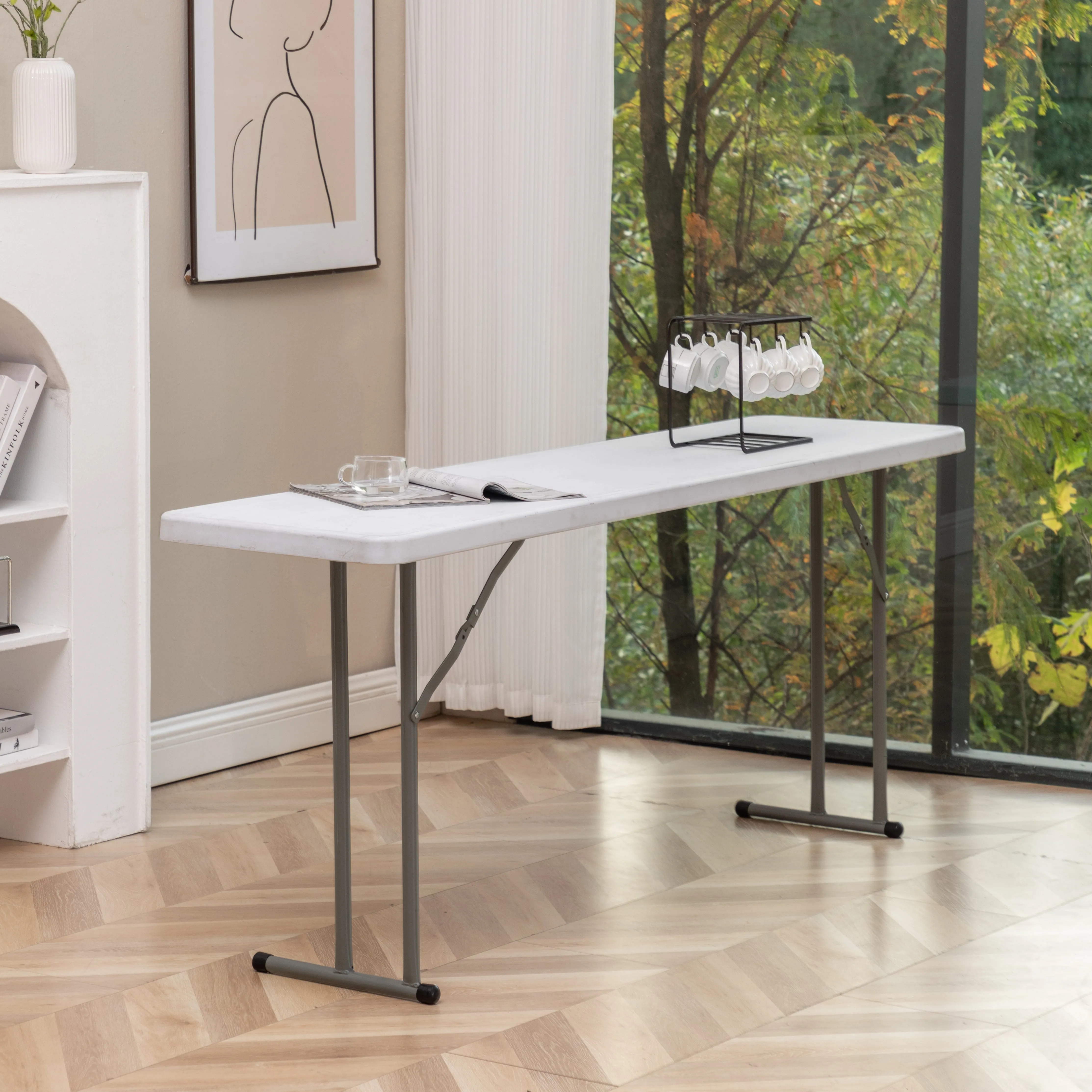 BTExpert 6-Foot - 72" long White Plastic Folding Seminar Training Table Portable 18" Wide narrow, 29" High, events indoor outdoor lightweight Set of 5