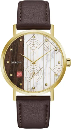 Bulova Frank Lloyd Wright April Showers Gold Tone Stainless Steel 3-Hand Quartz, Brown Leather Strap Style: 97A141