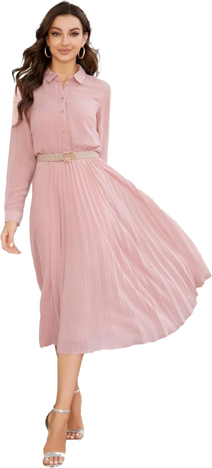 Business Casual Shirt Dress for Women Long Sleeves Pleated Midi Dresses with Belt