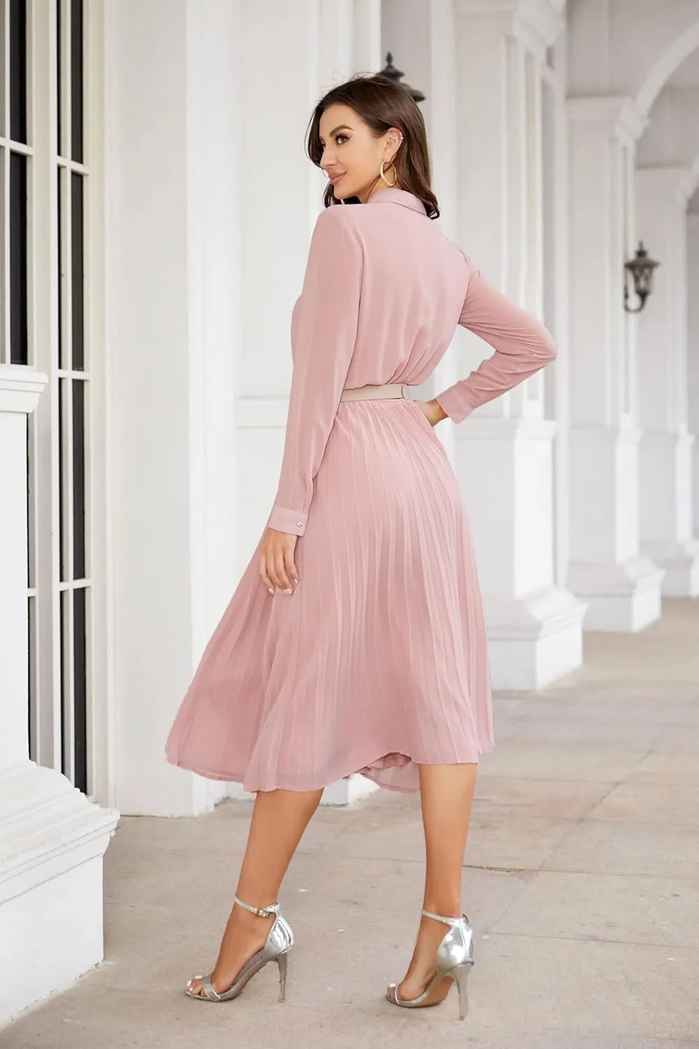 Business Casual Shirt Dress for Women Long Sleeves Pleated Midi Dresses with Belt