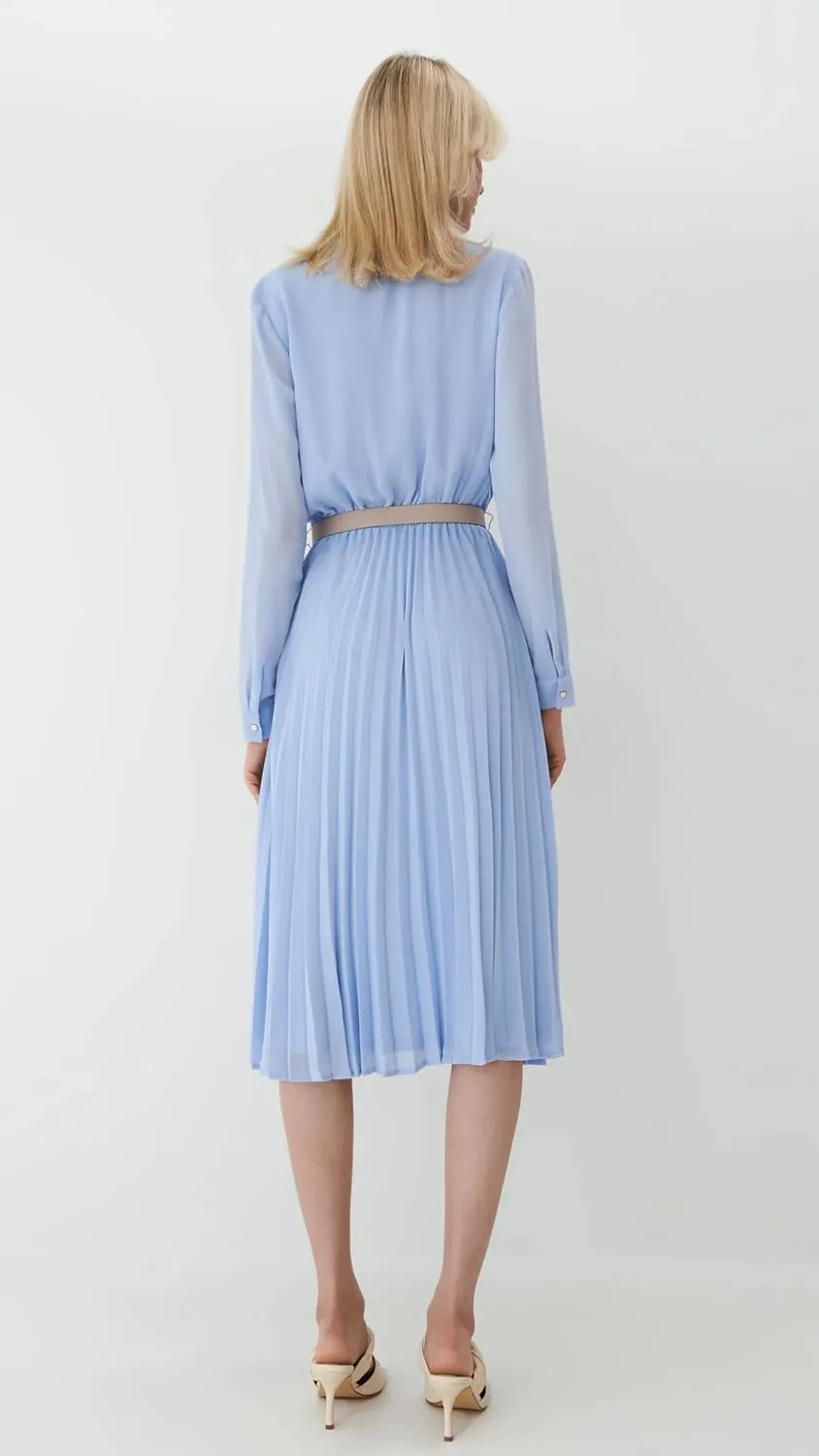 Business Casual Shirt Dress for Women Long Sleeves Pleated Midi Dresses with Belt