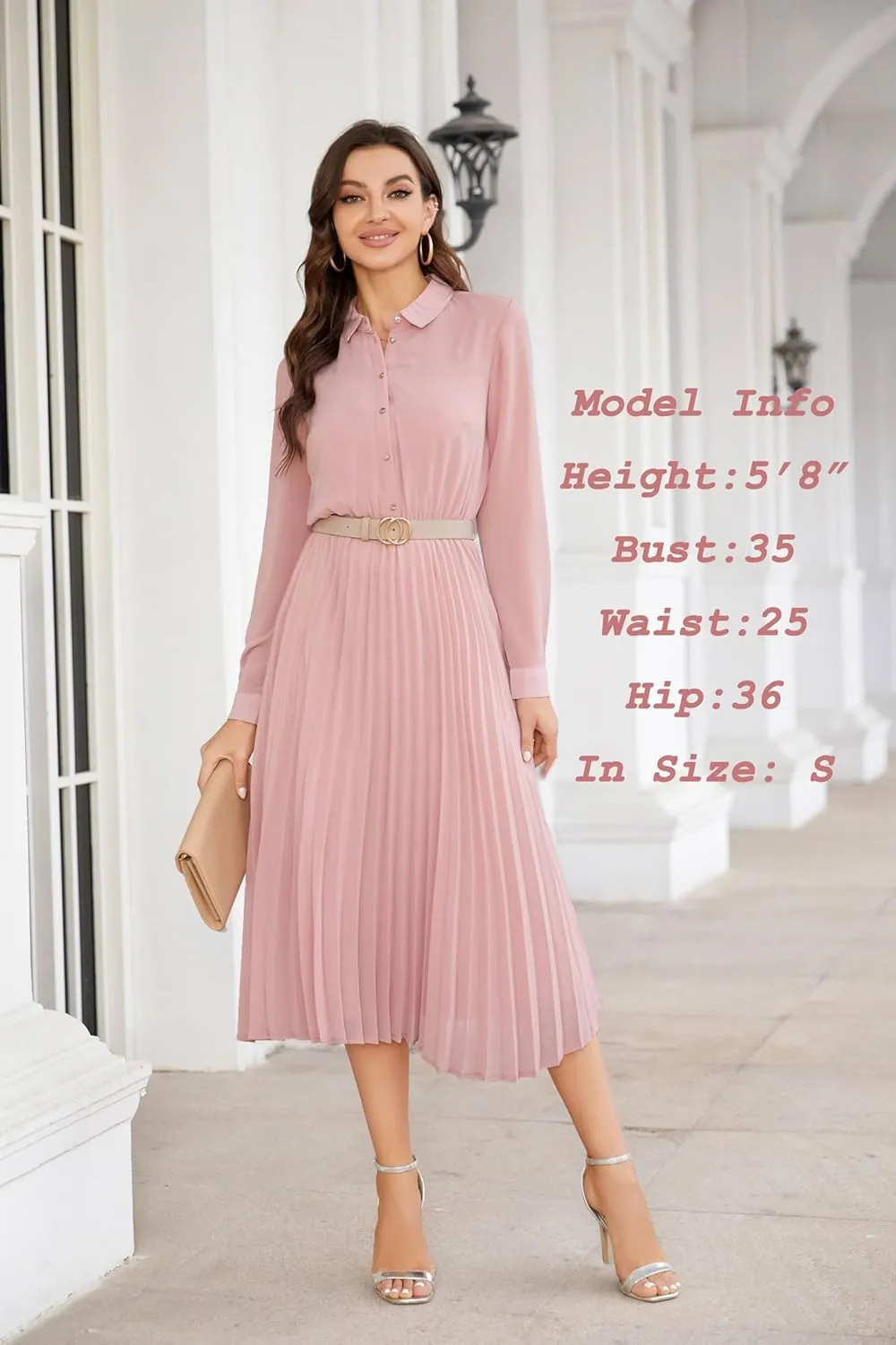 Business Casual Shirt Dress for Women Long Sleeves Pleated Midi Dresses with Belt