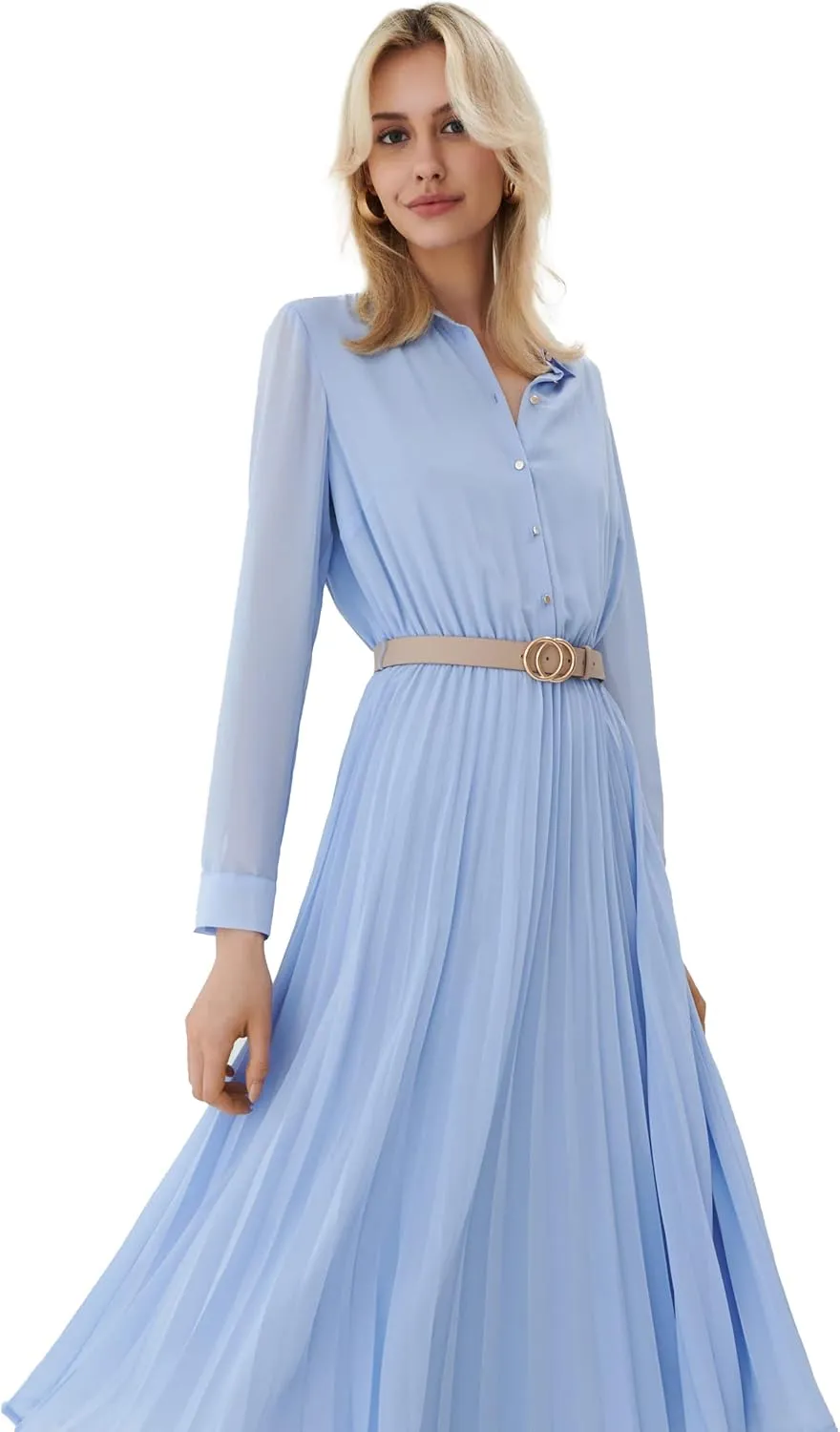 Business Casual Shirt Dress for Women Long Sleeves Pleated Midi Dresses with Belt
