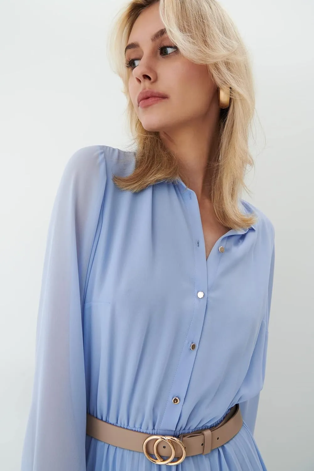 Business Casual Shirt Dress for Women Long Sleeves Pleated Midi Dresses with Belt