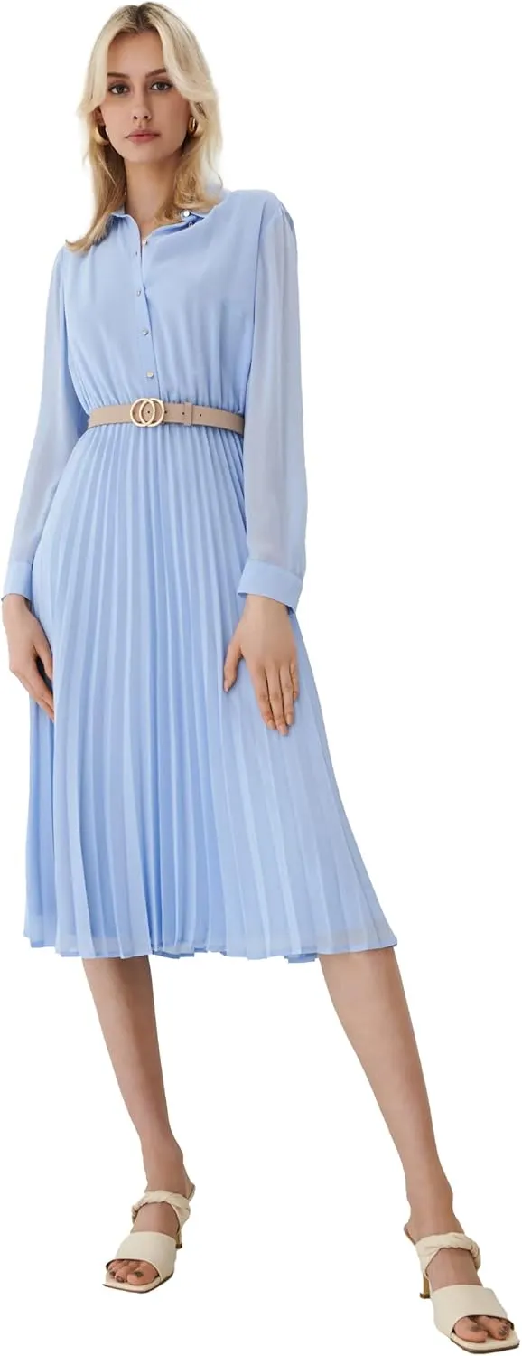 Business Casual Shirt Dress for Women Long Sleeves Pleated Midi Dresses with Belt