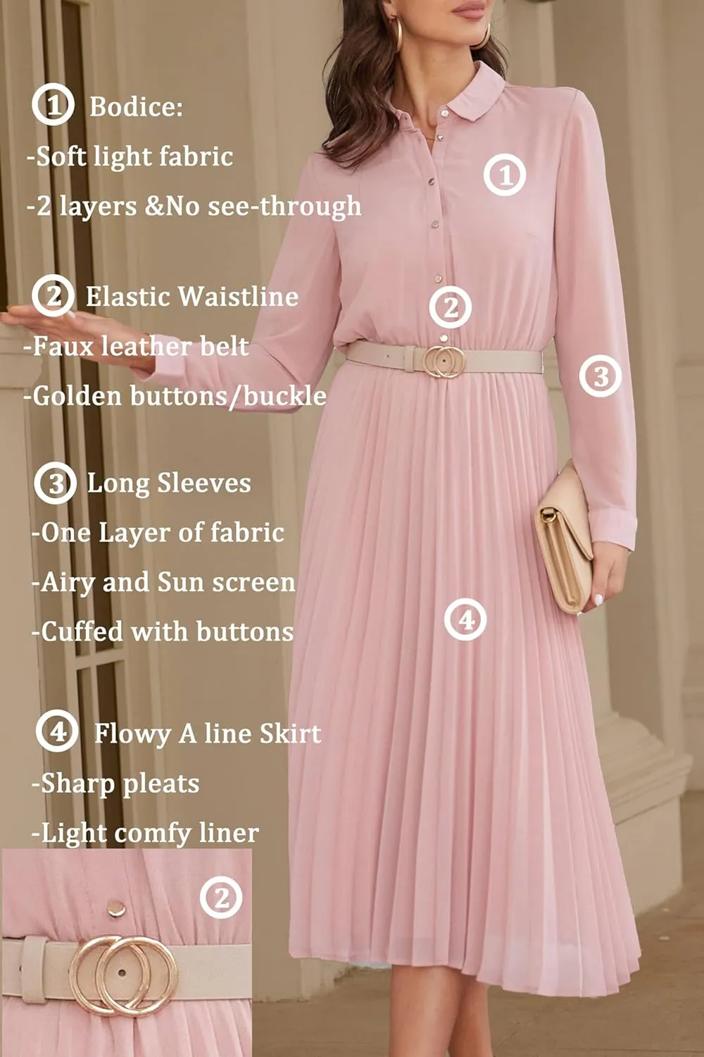 Business Casual Shirt Dress for Women Long Sleeves Pleated Midi Dresses with Belt