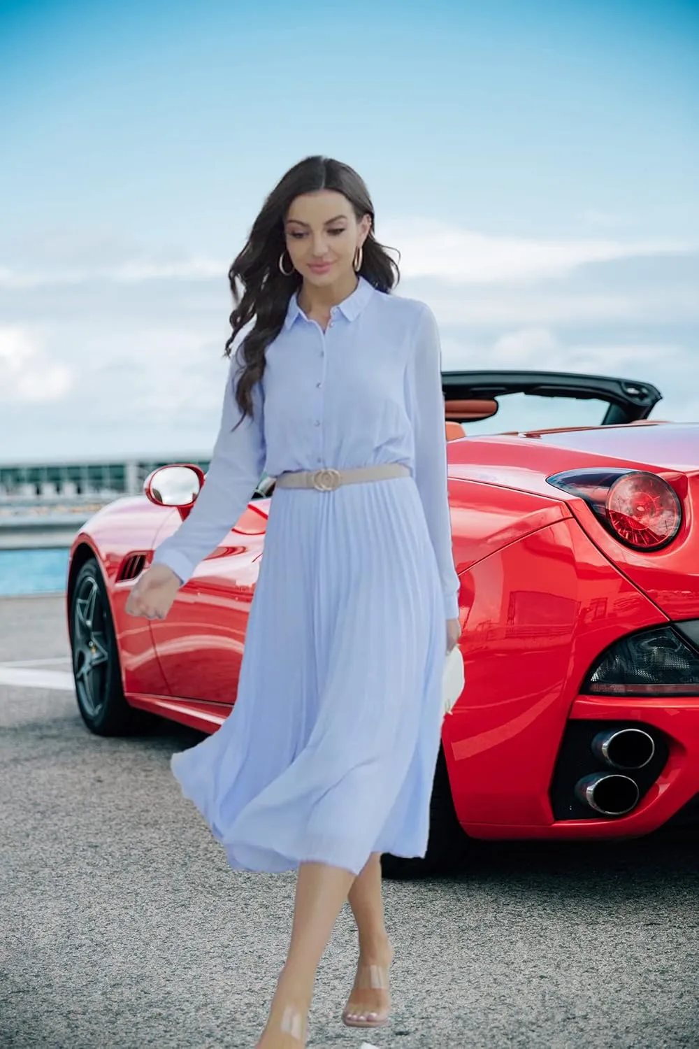 Business Casual Shirt Dress for Women Long Sleeves Pleated Midi Dresses with Belt