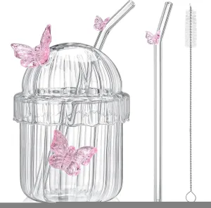 Butterfly Glass Cup with Lid and Straw Vintage French-style Glasses with Vertical Stripes Tea Cup Pink Coffee Mug for Hot and Cold Beverages Juice, Cocktail, Whiskey, Milk
