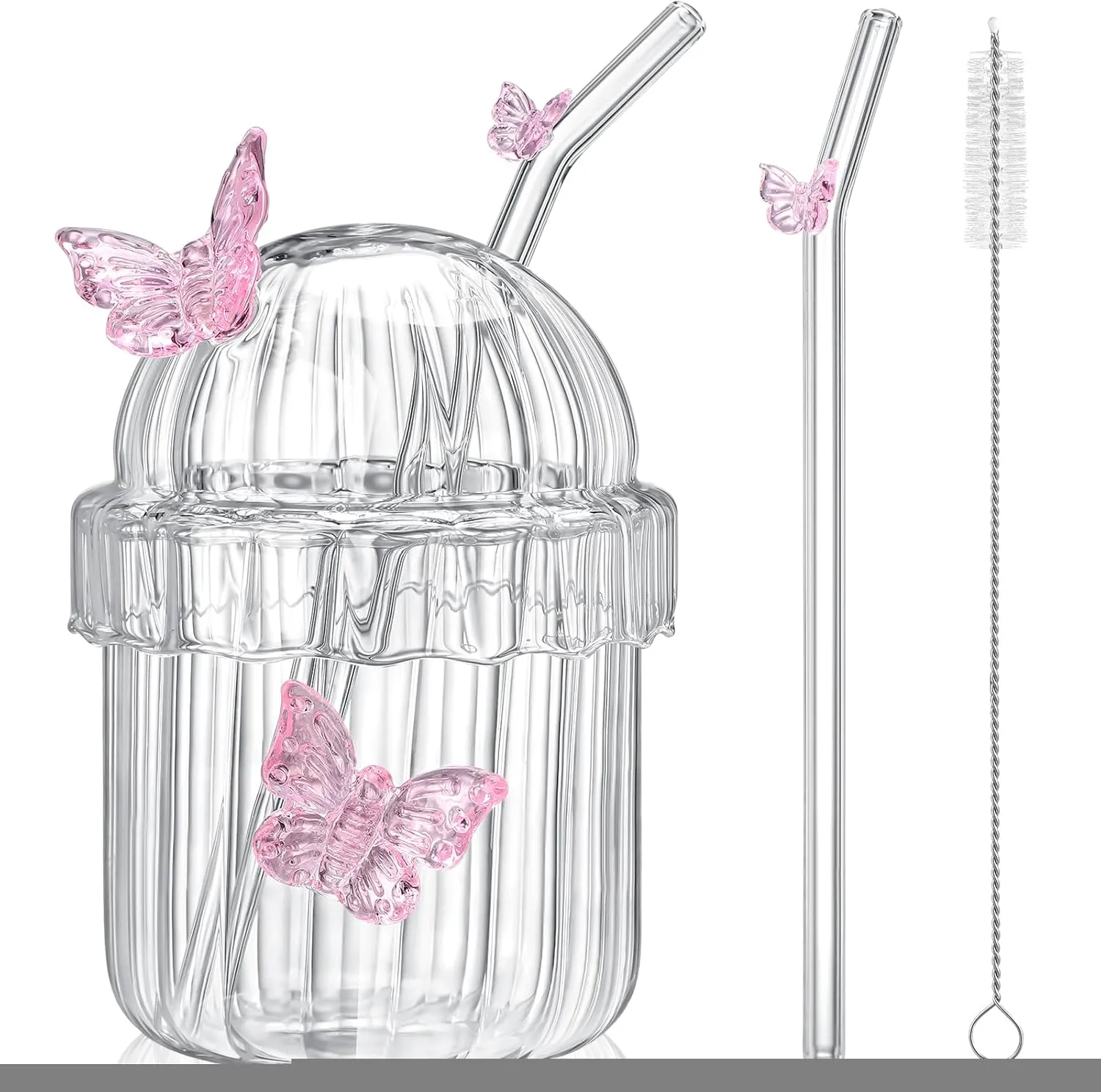 Butterfly Glass Cup with Lid and Straw Vintage French-style Glasses with Vertical Stripes Tea Cup Pink Coffee Mug for Hot and Cold Beverages Juice, Cocktail, Whiskey, Milk