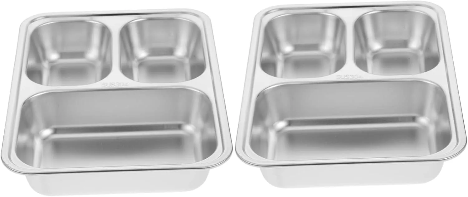 Cabilock 2pcs Stainless Steel Divided Plates Lunch Compartment Tray Easy to Clean for Adults