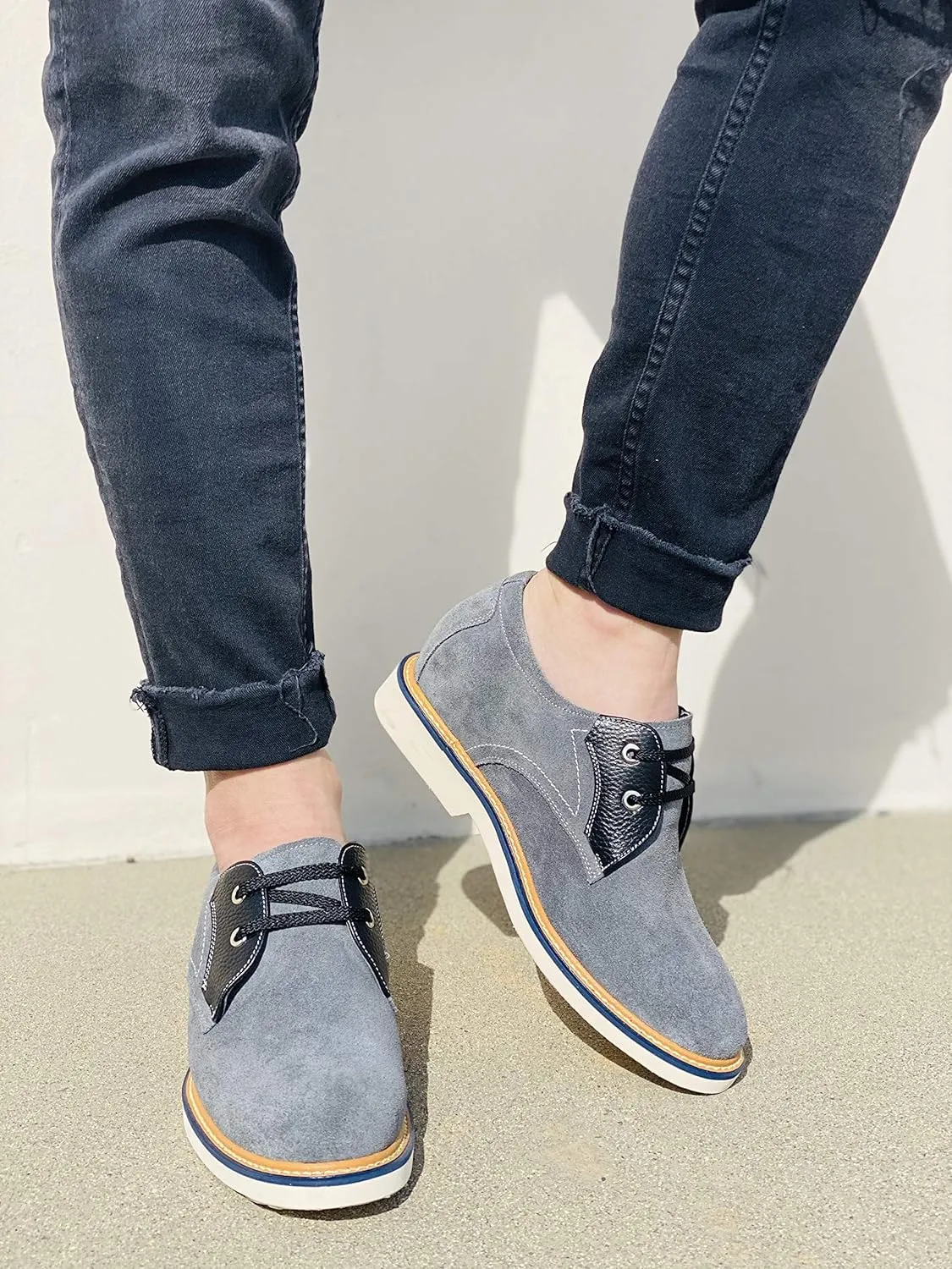 CALTO Men's Invisible Height Increasing Elevator Shoes - Grey/Black Nubuck Leather Lace-up Casual Oxfords - 2.8 Inches Taller - Y42023 - Size 9 D(M) US
