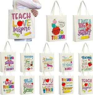 Capoda 12 Pcs Teacher Canvas Tote Bags Large Teacher Appreciation Gifts Bags with Zippers Best Teacher Ever Shoulder Bags for Women Men Teacher's Day Back to School Birthday Retirement Gifts Supplies