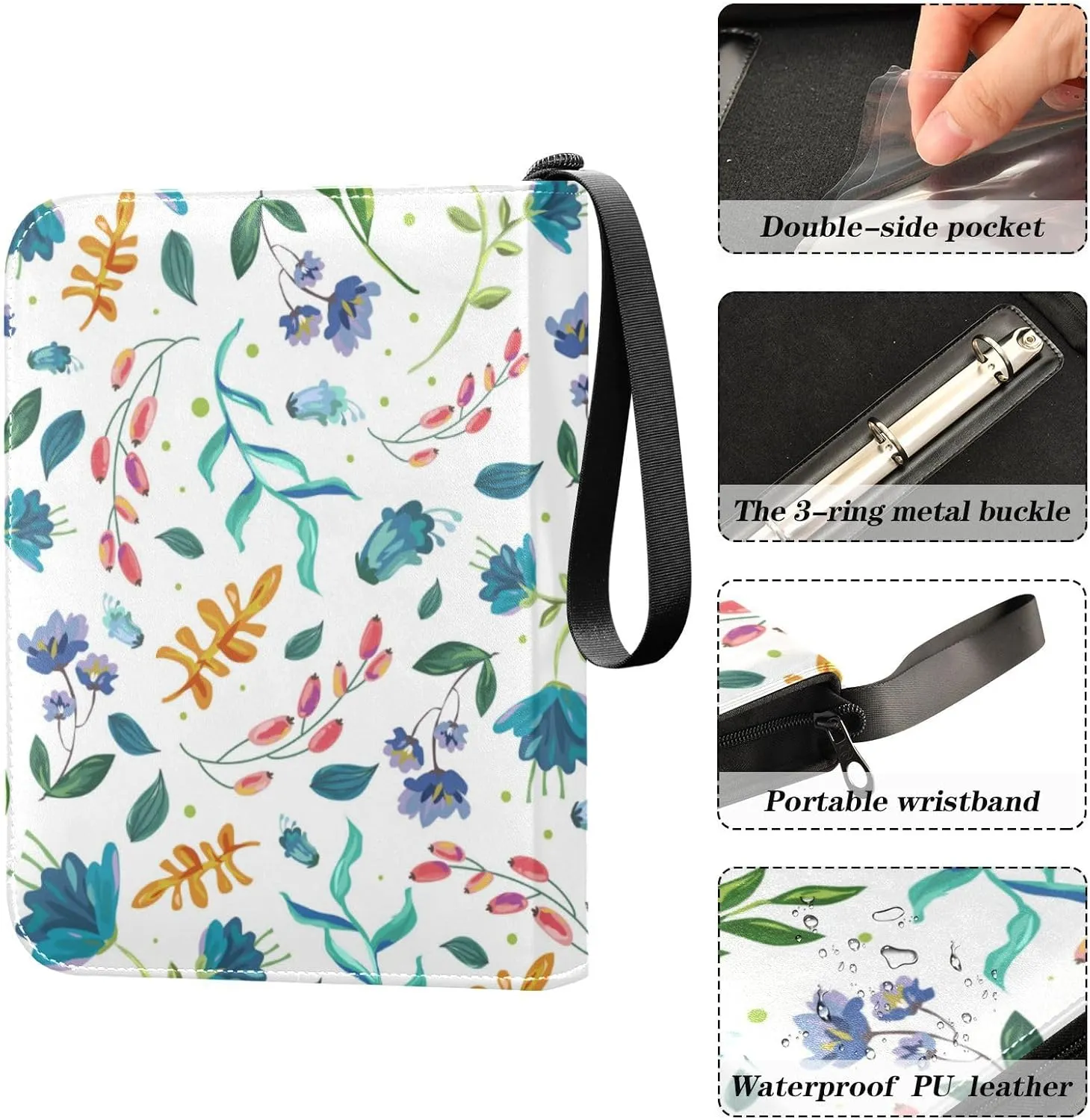 Card Binder 4 Pocket Trading Card Album 400 Cards Holder with 50 Removable Sleeves Waterproof Collectible Zipper Leather Baseball Card Binders Colorful Painted Flowers