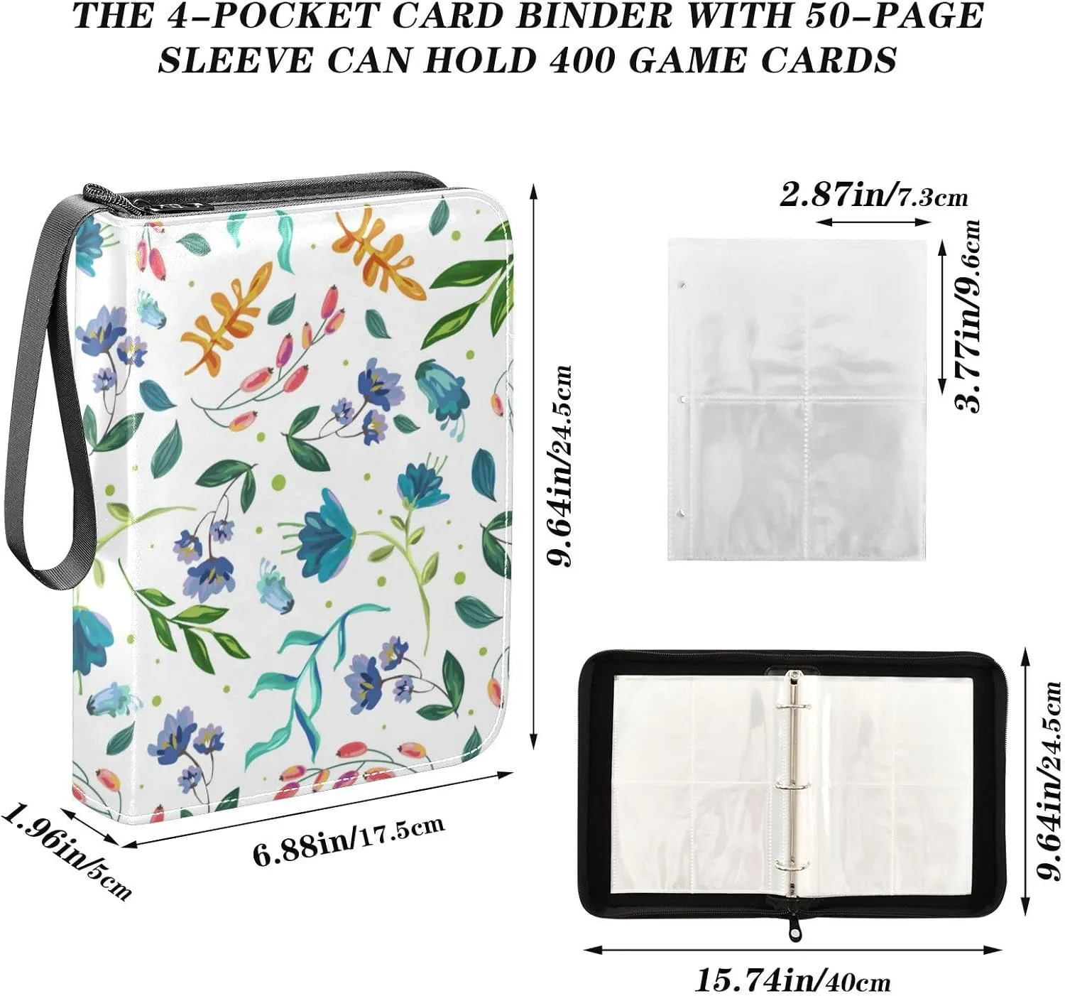 Card Binder 4 Pocket Trading Card Album 400 Cards Holder with 50 Removable Sleeves Waterproof Collectible Zipper Leather Baseball Card Binders Colorful Painted Flowers