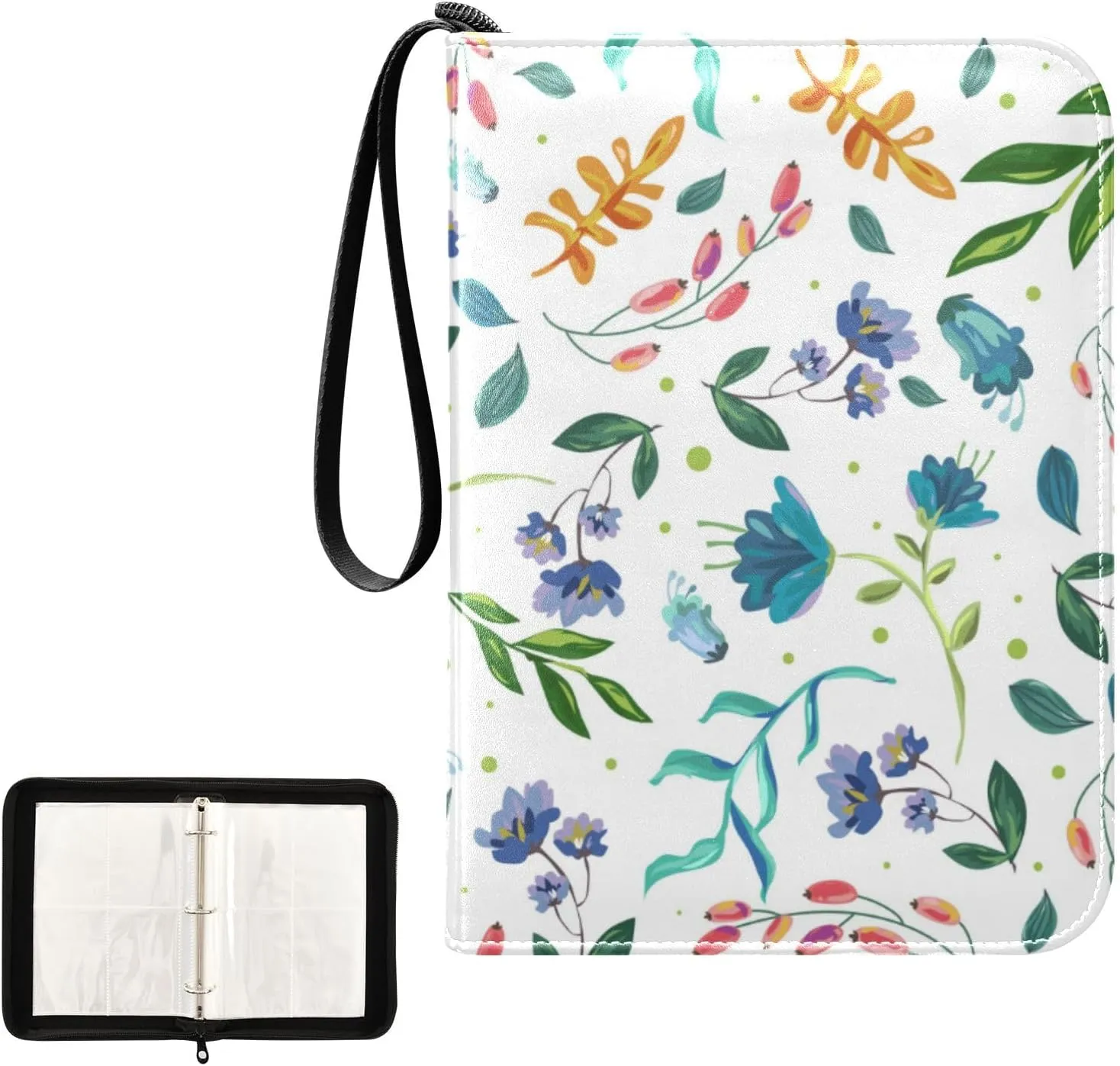 Card Binder 4 Pocket Trading Card Album 400 Cards Holder with 50 Removable Sleeves Waterproof Collectible Zipper Leather Baseball Card Binders Colorful Painted Flowers