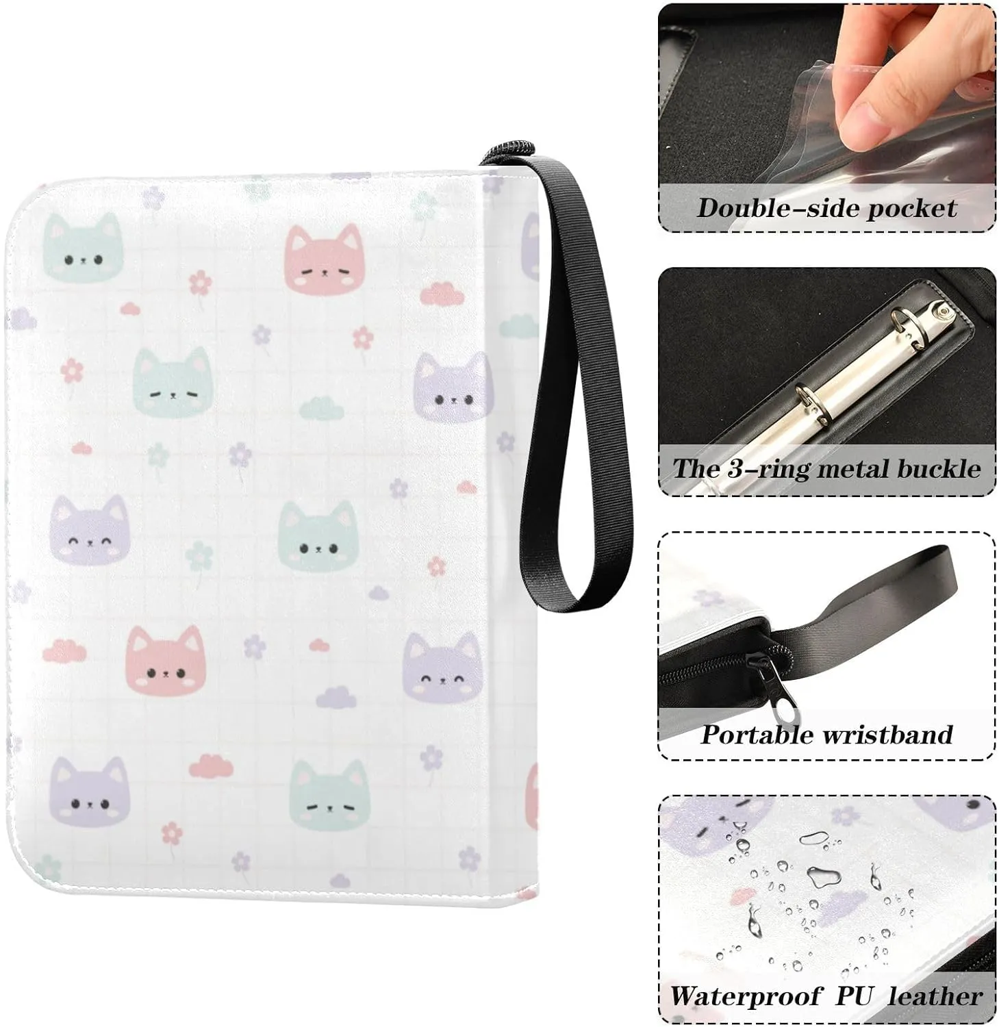 Card Binder 4 Pocket Trading Card Album 400 Cards Holder with 50 Removable Sleeves Waterproof Collectible Zipper Leather Baseball Card Binders Cute Kitten Cat