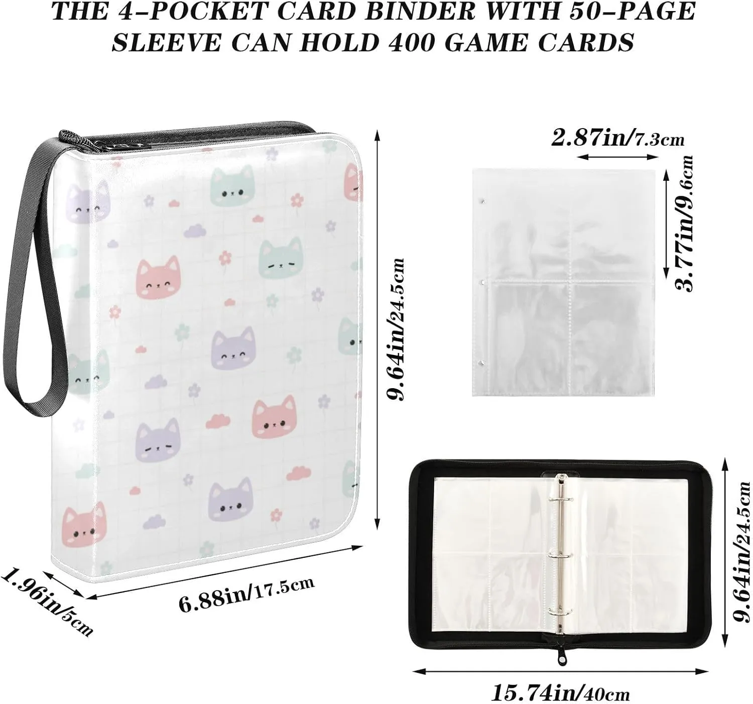 Card Binder 4 Pocket Trading Card Album 400 Cards Holder with 50 Removable Sleeves Waterproof Collectible Zipper Leather Baseball Card Binders Cute Kitten Cat