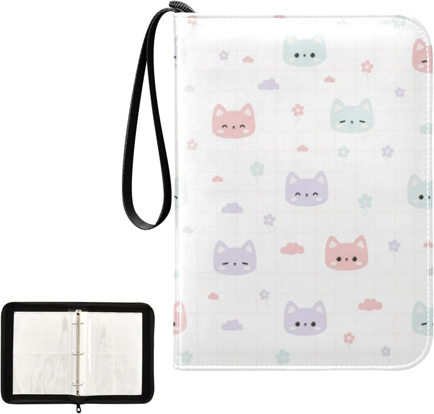 Card Binder 4 Pocket Trading Card Album 400 Cards Holder with 50 Removable Sleeves Waterproof Collectible Zipper Leather Baseball Card Binders Cute Kitten Cat