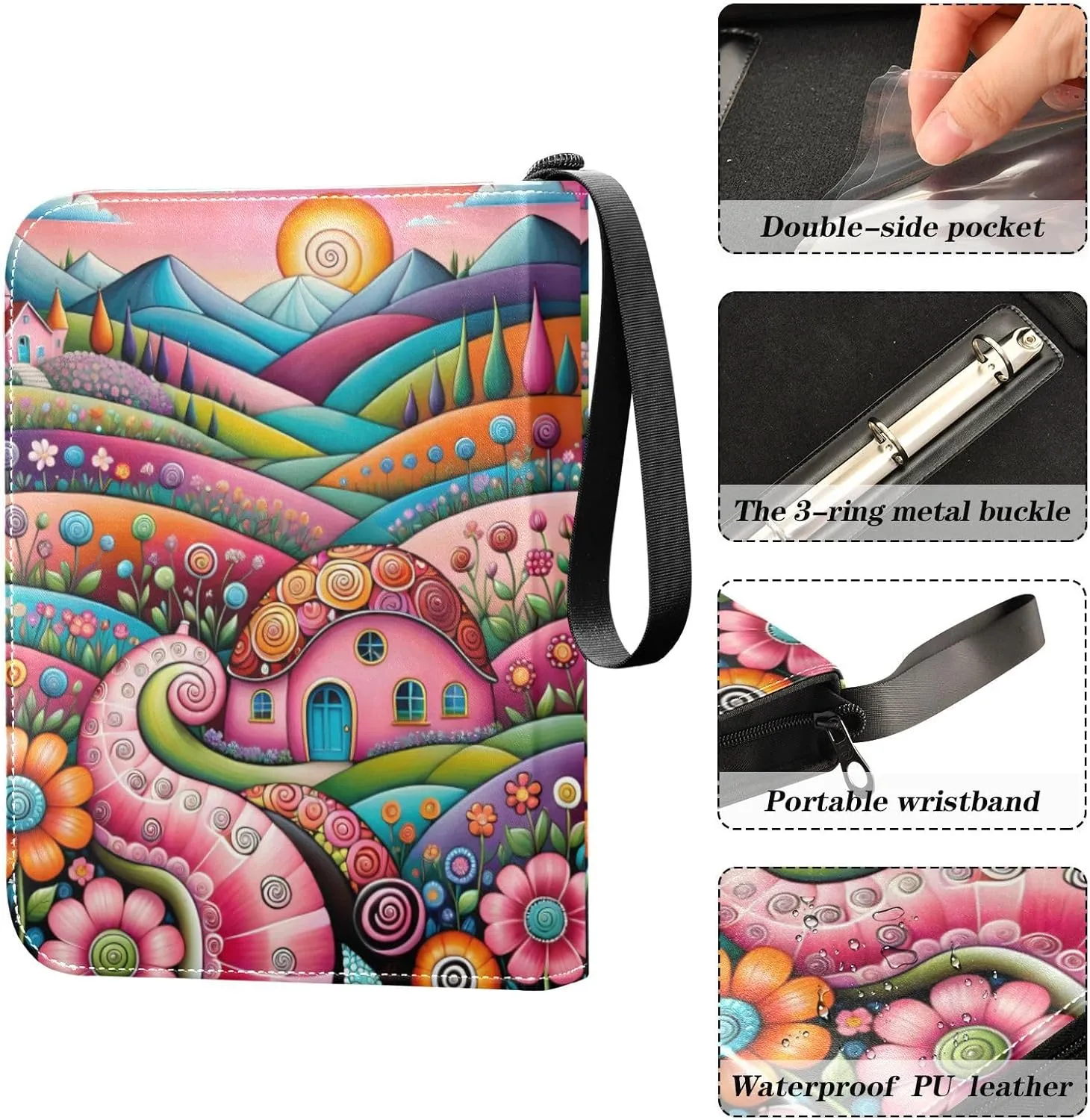 Card Binder 4 Pocket Trading Card Album 400 Cards Holder with 50 Removable Sleeves Waterproof Collectible Zipper Leather Baseball Card Binders House Colorful