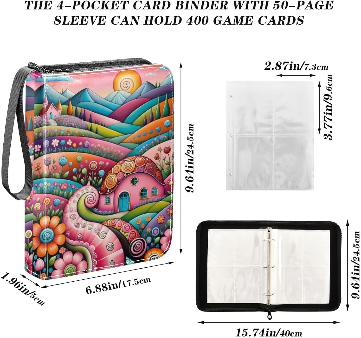 Card Binder 4 Pocket Trading Card Album 400 Cards Holder with 50 Removable Sleeves Waterproof Collectible Zipper Leather Baseball Card Binders House Colorful
