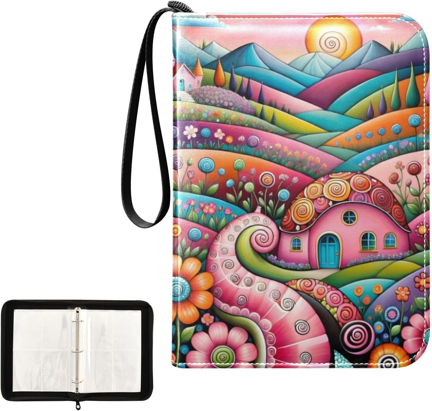 Card Binder 4 Pocket Trading Card Album 400 Cards Holder with 50 Removable Sleeves Waterproof Collectible Zipper Leather Baseball Card Binders House Colorful
