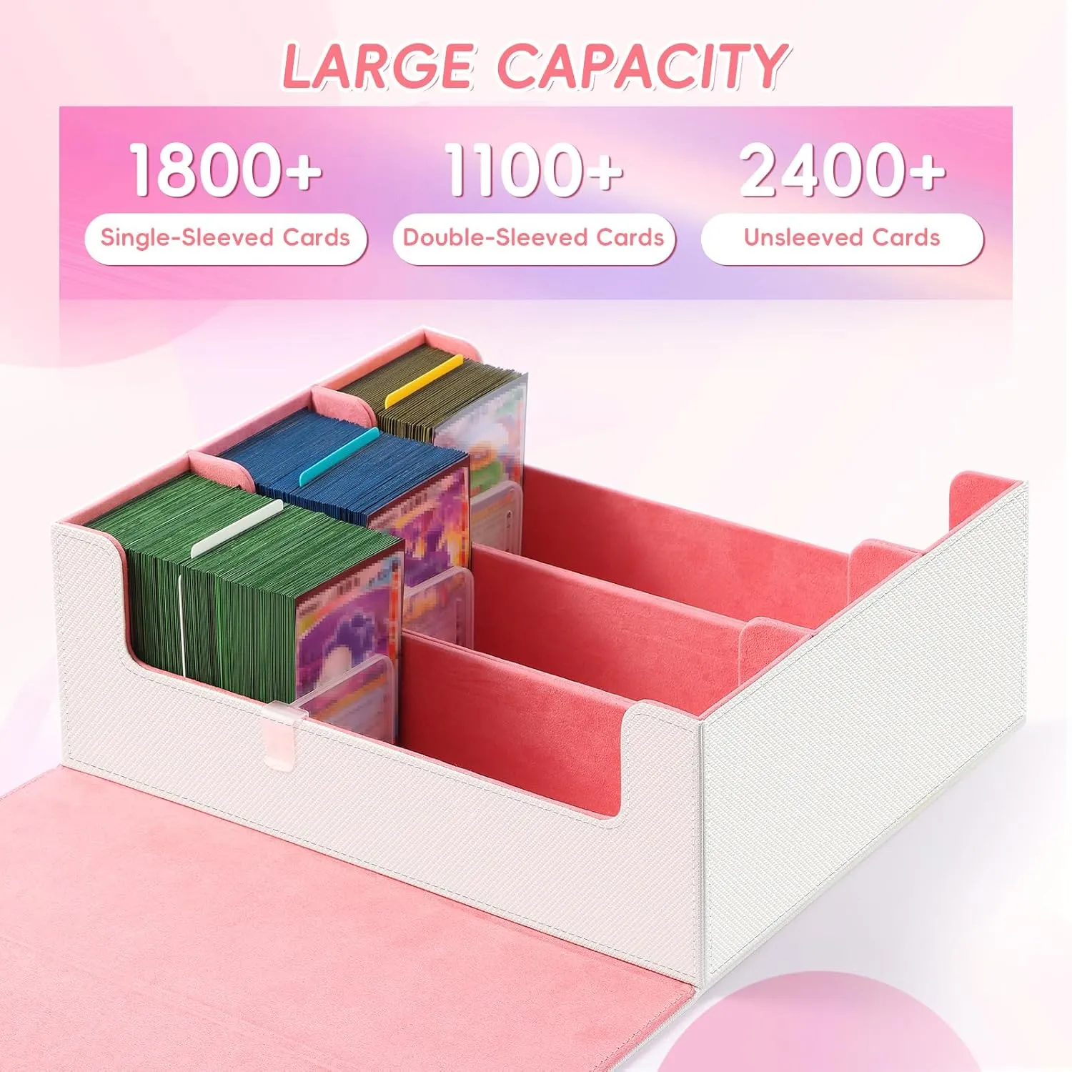 Card Storage Box for Trading Cards,1800  White PU Leather Commander Card Deck Case with 12 Dividers and 3 Supporters,Magnetic Closure Card Holder Fits YuGiOh,MTG and Sport Cards (White,3-Row)