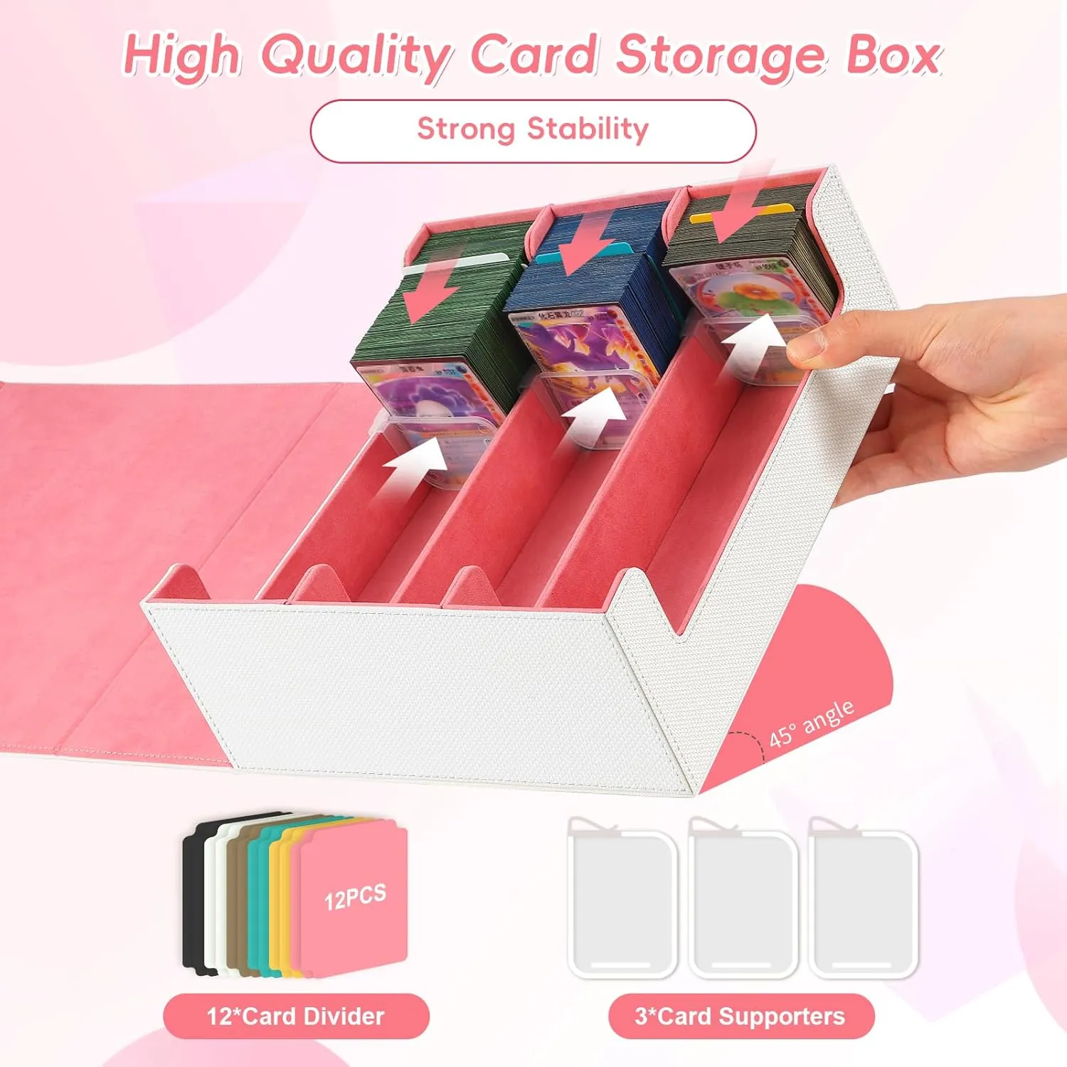 Card Storage Box for Trading Cards,1800  White PU Leather Commander Card Deck Case with 12 Dividers and 3 Supporters,Magnetic Closure Card Holder Fits YuGiOh,MTG and Sport Cards (White,3-Row)