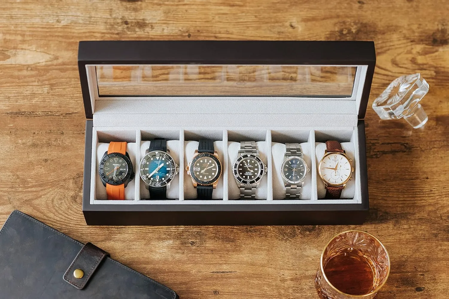 CASE ELEGANCE Solid Espresso Wood Watch Box Organizer with Glass Display Top