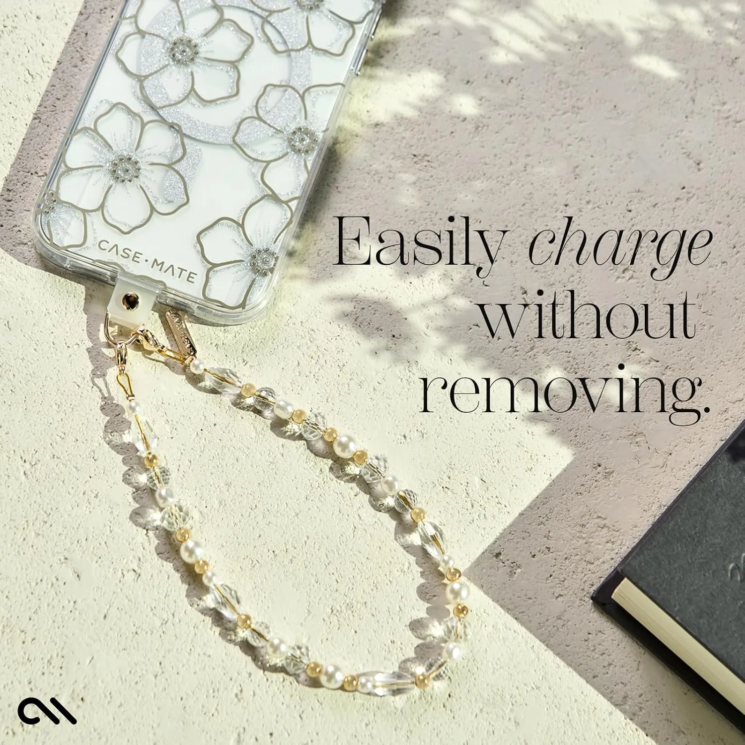 Case-Mate Beaded Phone Charm - Detachable Anti Theft Strap - Hands-Free iPhone Wrist Strap for Women - Phone Chain Wristlet - Fits Galaxy, Pixel and More - Crystal Pearl Gold
