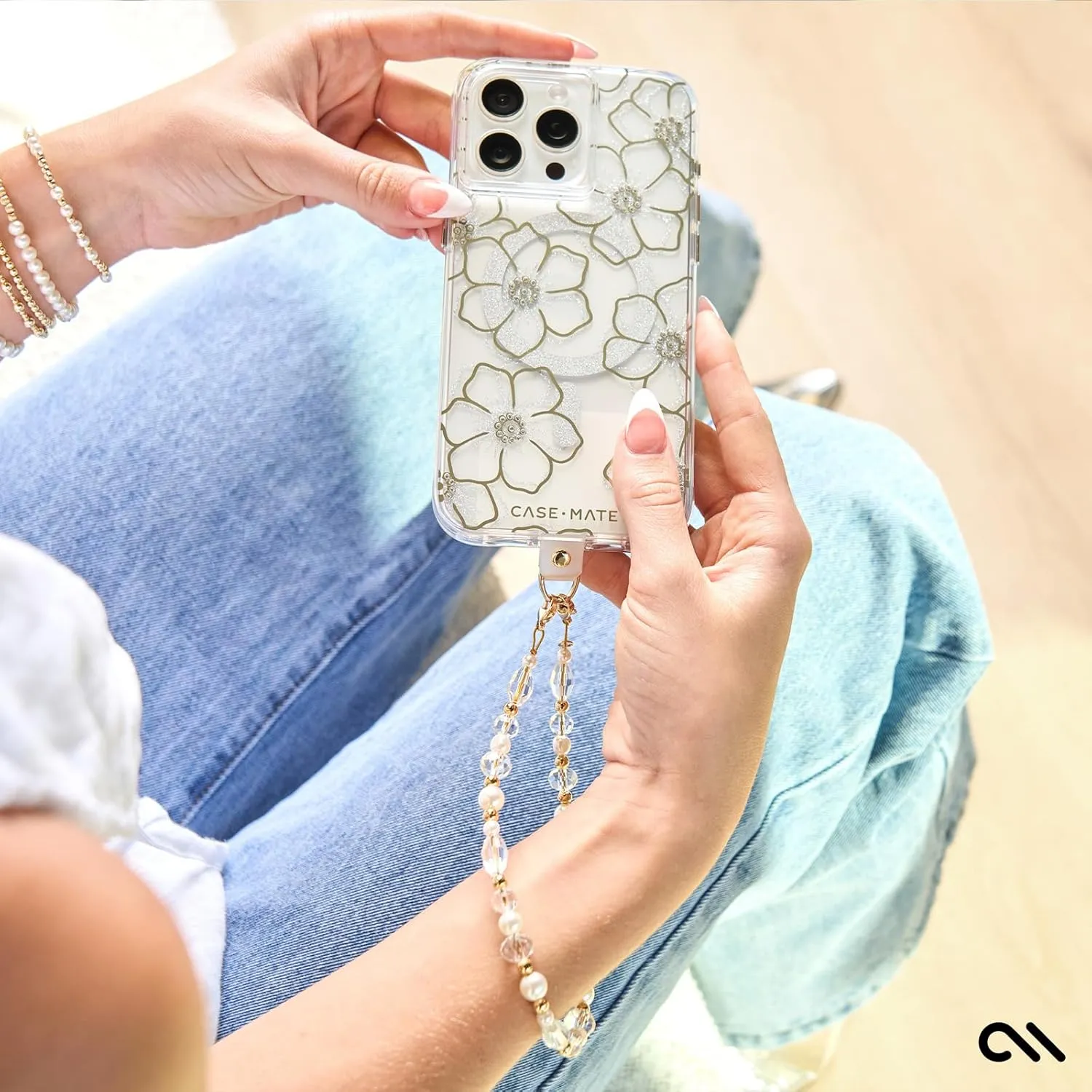 Case-Mate Beaded Phone Charm - Detachable Anti Theft Strap - Hands-Free iPhone Wrist Strap for Women - Phone Chain Wristlet - Fits Galaxy, Pixel and More - Crystal Pearl Gold