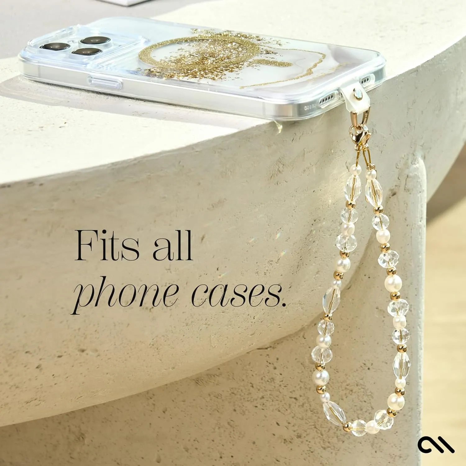 Case-Mate Beaded Phone Charm - Detachable Anti Theft Strap - Hands-Free iPhone Wrist Strap for Women - Phone Chain Wristlet - Fits Galaxy, Pixel and More - Crystal Pearl Gold