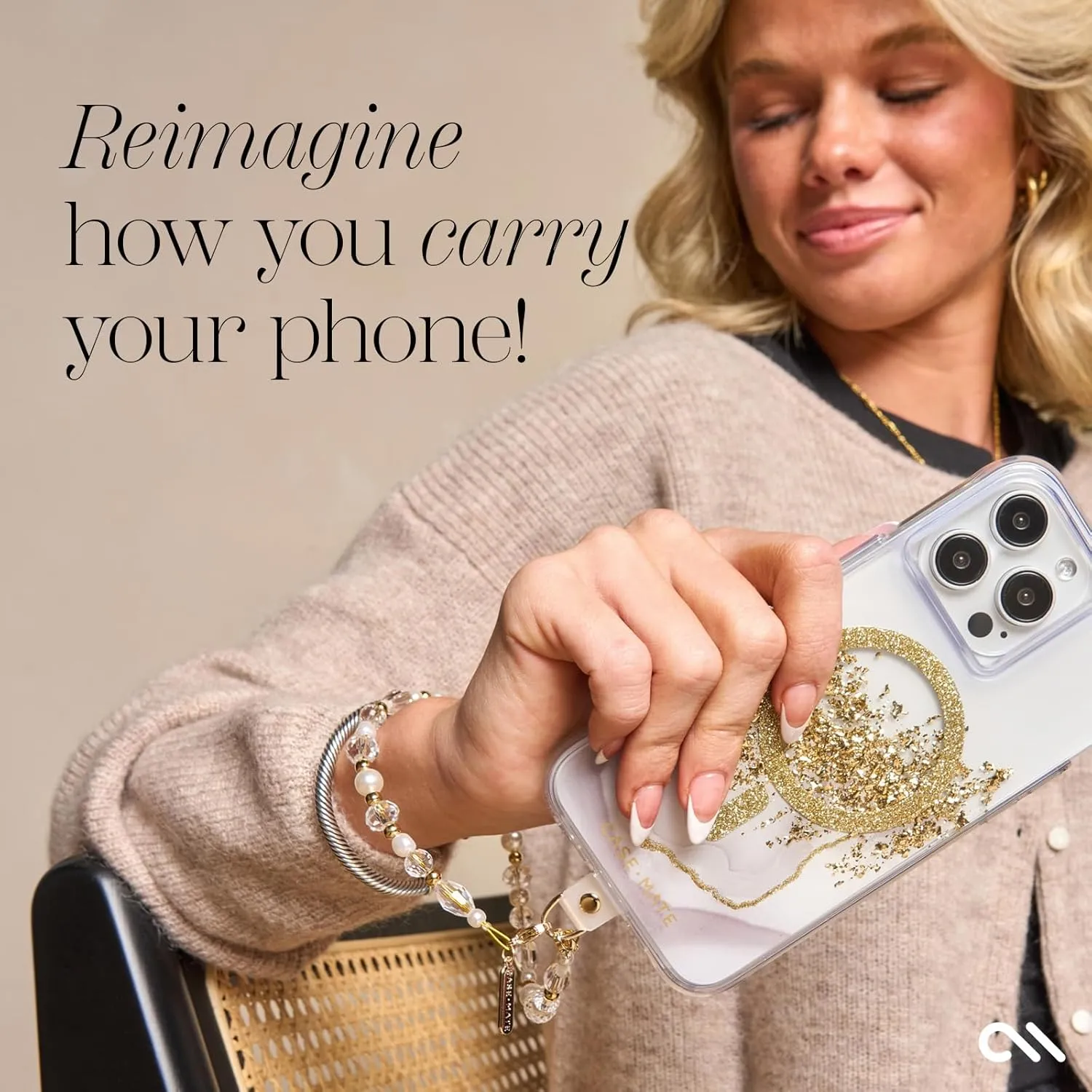 Case-Mate Beaded Phone Charm - Detachable Anti Theft Strap - Hands-Free iPhone Wrist Strap for Women - Phone Chain Wristlet - Fits Galaxy, Pixel and More - Crystal Pearl Gold