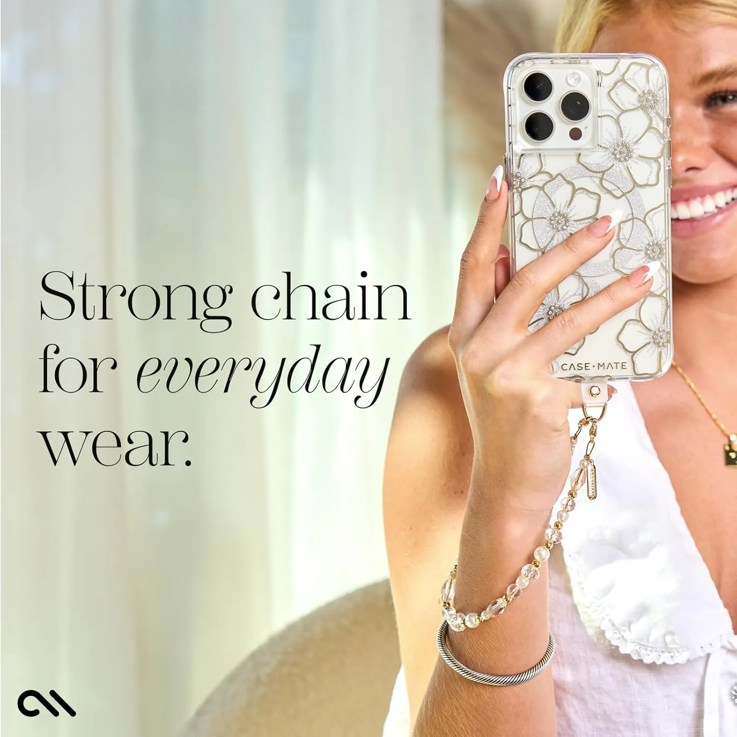 Case-Mate Beaded Phone Charm - Detachable Anti Theft Strap - Hands-Free iPhone Wrist Strap for Women - Phone Chain Wristlet - Fits Galaxy, Pixel and More - Crystal Pearl Gold