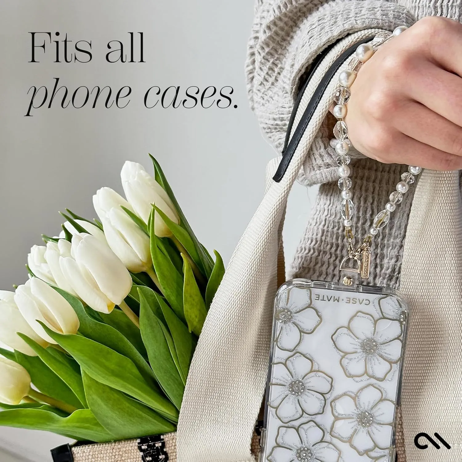 Case-Mate Phone Charm with Beaded Pearls and Crystals - Detachable Anti Theft Strap - Hands-Free iPhone Wrist Strap for Women - Phone Chain Wristlet for Galaxy, Pixel and More - Crystal Pearl