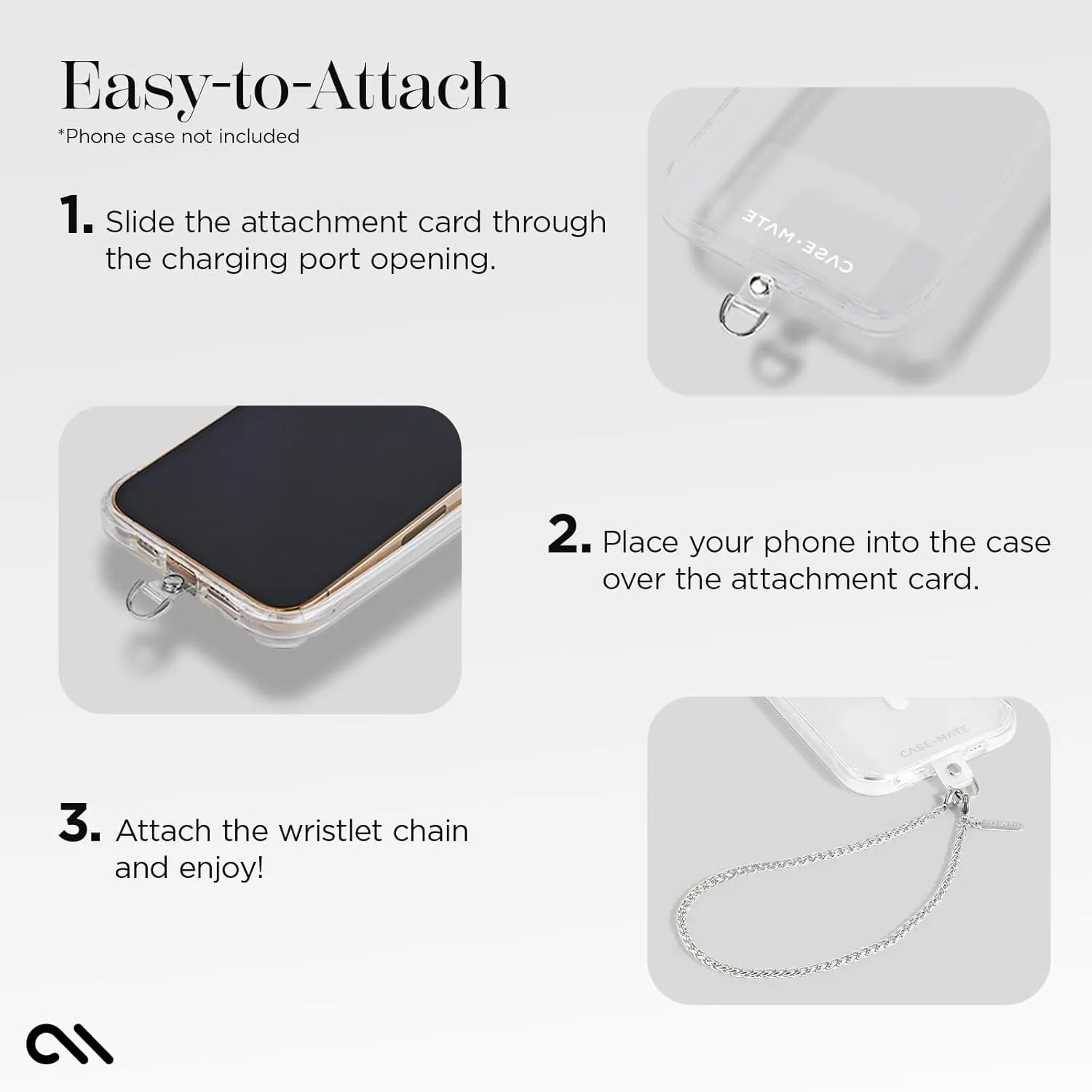 Case-Mate Phone Charm with Silver Chain - Detachable Anti Theft Strap - Hands-Free iPhone Wrist Strap for Women - Phone Wristlet for Galaxy, Pixel and More - Dainty Silver Chain